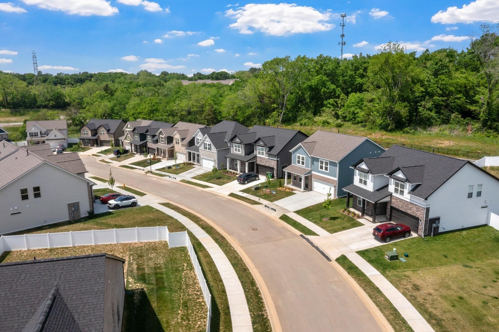 Aerial view of Woods Crossing neighborhood in Gallatin, Tennessee featuring new 2-story homes by Davidson Homes.
