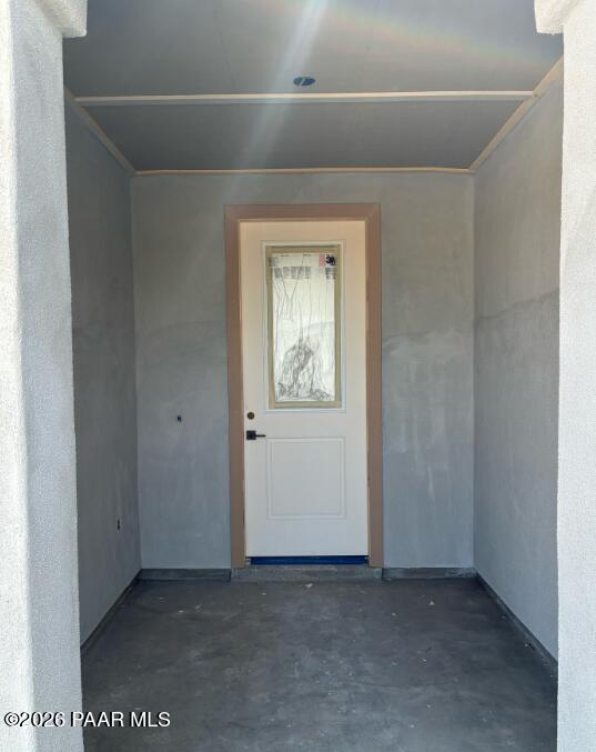 Covered entryway with front door under construction at The Durango II G home in South Ranch Western Collection, Prescott, AZ
