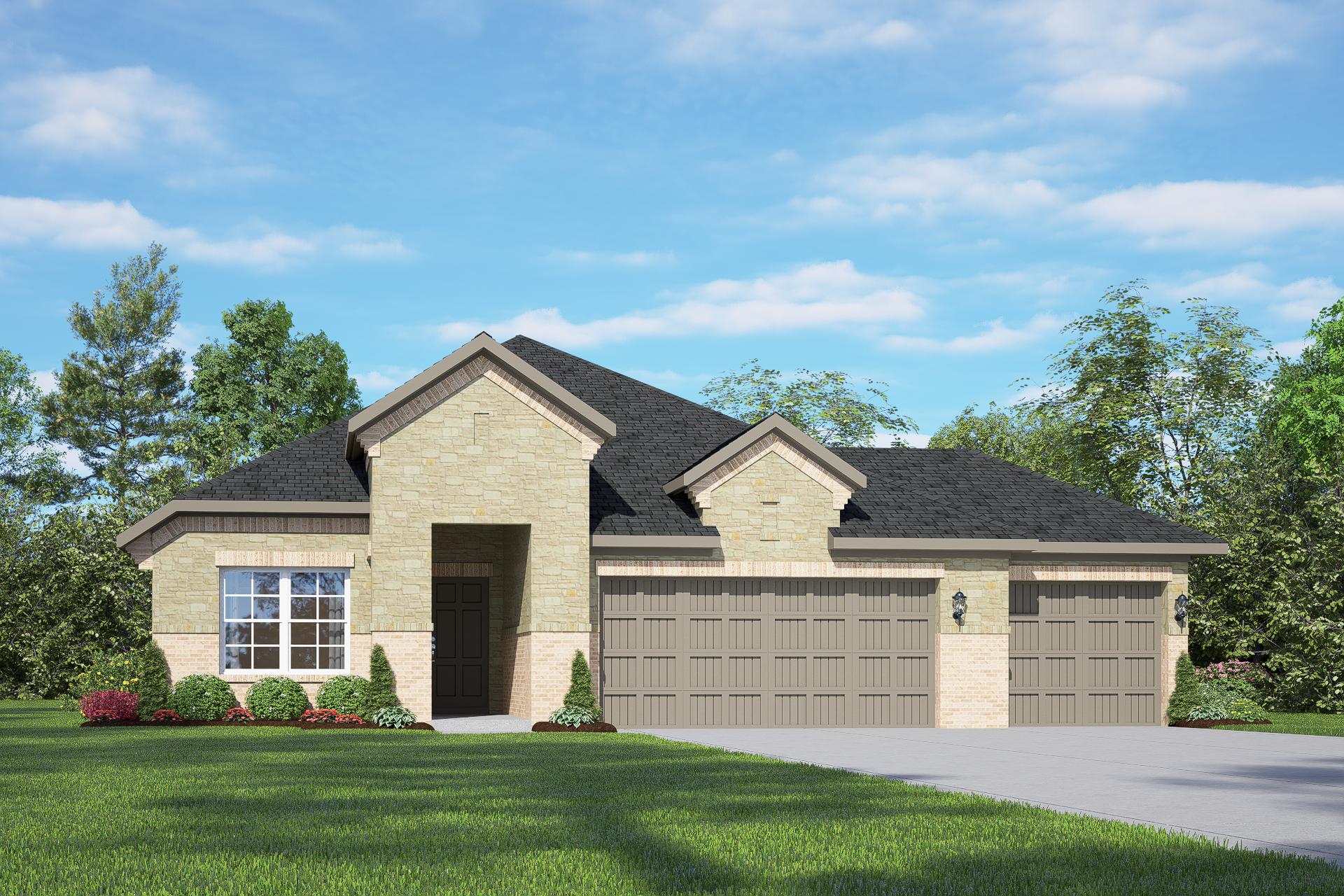 Front elevation of The Acadia B single-story home with 3-car garage, beige siding, dark roof, and lush landscaping in Rosharon, Texas