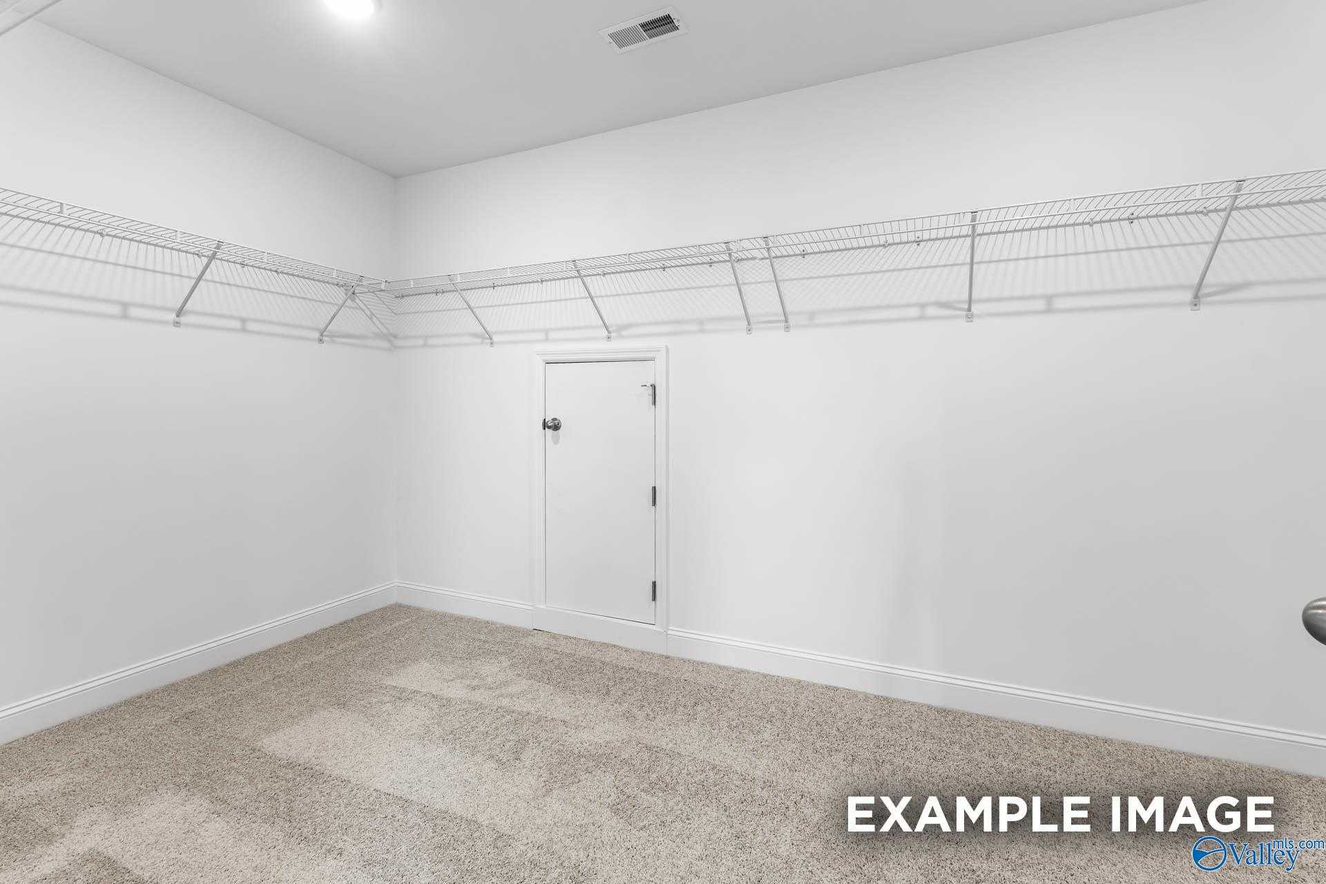 Spacious walk-in closet with wire shelving, white walls, and carpeted floor in Davidson Homes The Madison A, Creekside, Harvest, Alabama