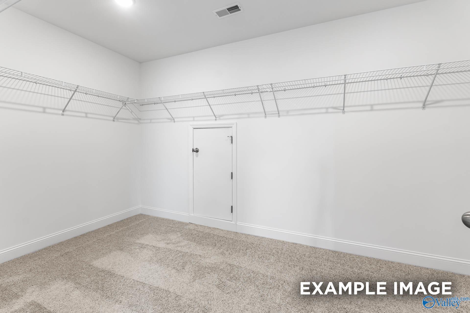 Walk-in closet with white wire shelving and carpet flooring in Davidson Homes The Madison D plan in Madison, Alabama.