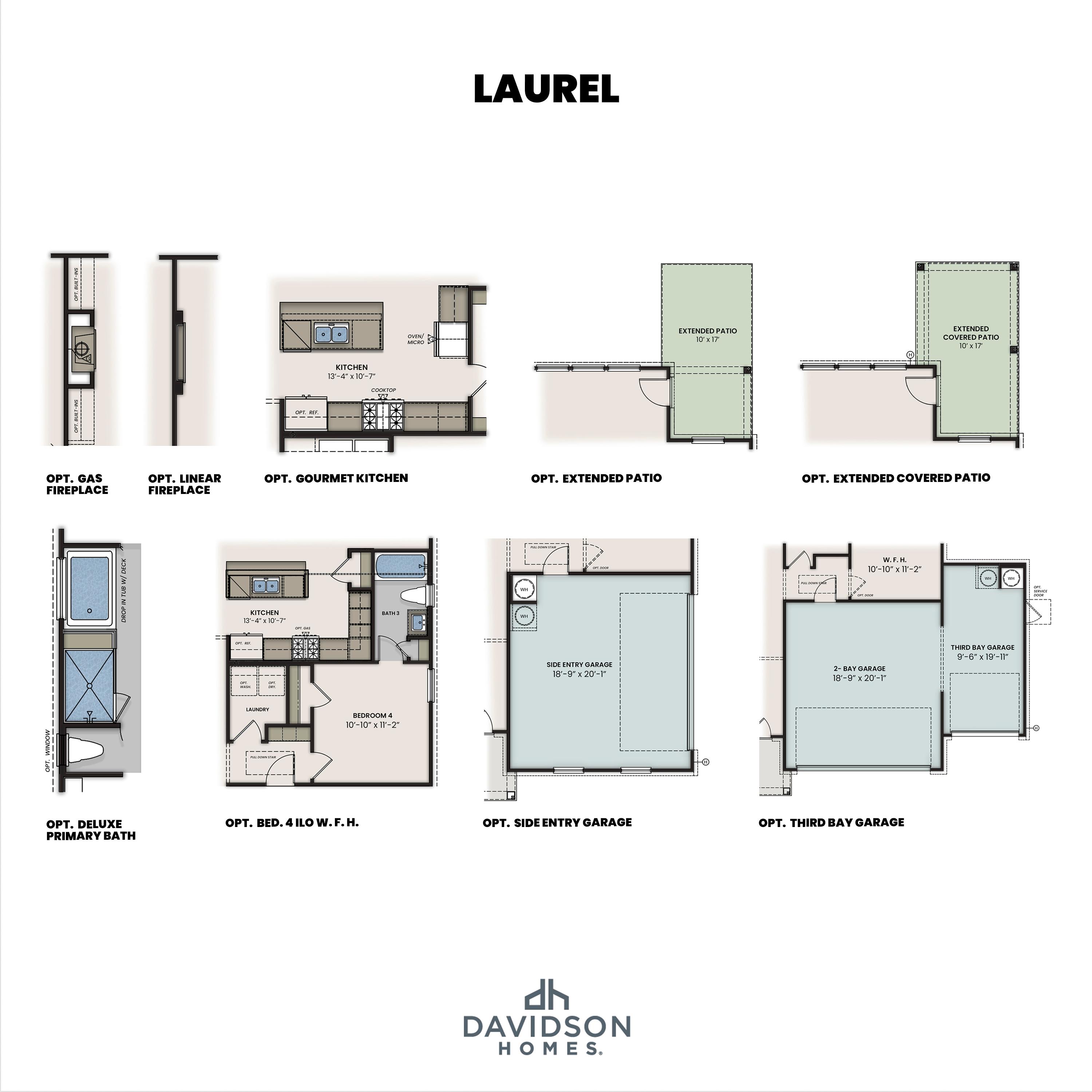 Optional floor plan features for The Laurel M in Cullman, including gourmet kitchen, extended patio, and garage options.