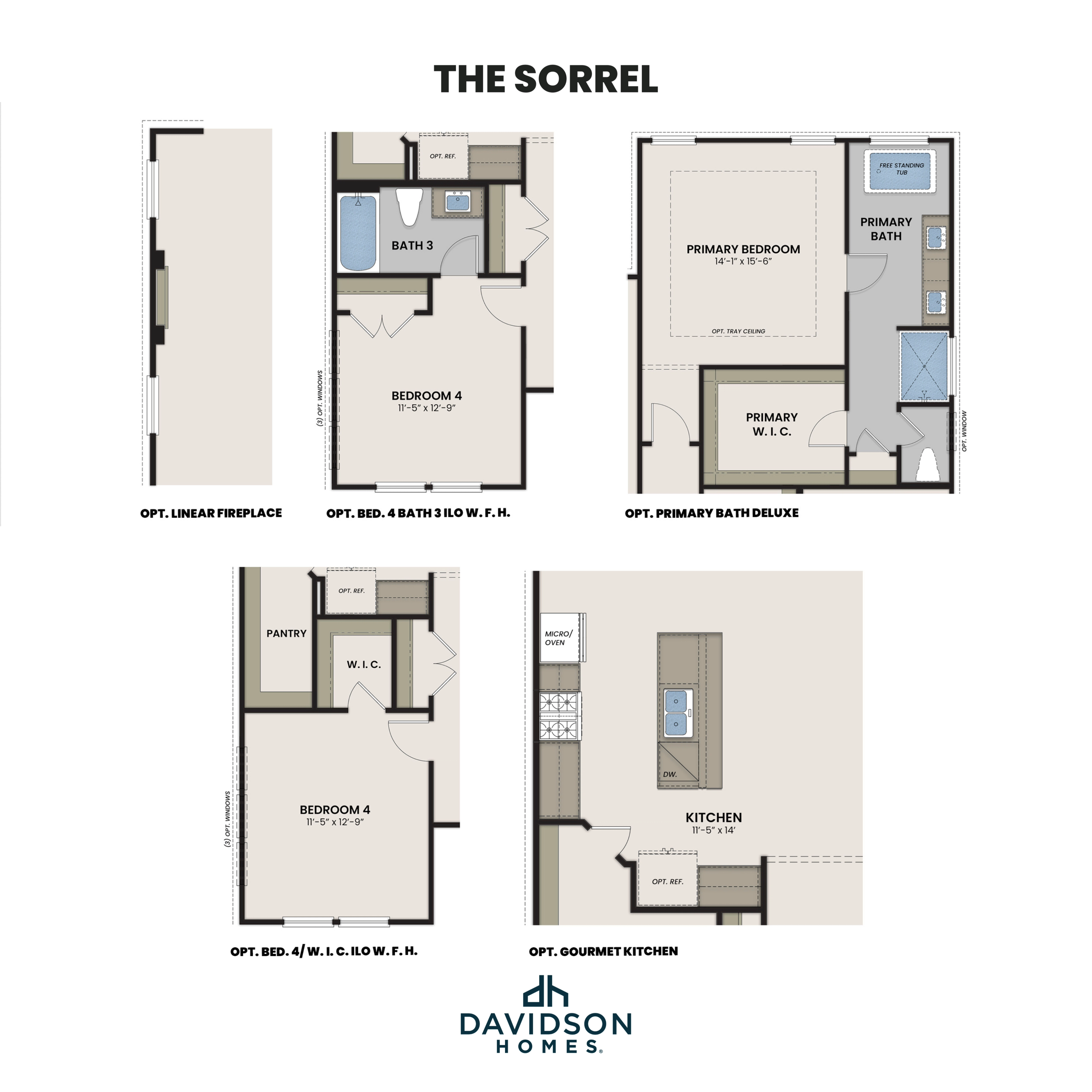 The Sorrel floor plan by Davidson Homes featuring primary suite, gourmet kitchen, optional linear fireplace, and Bedroom 4 layout
