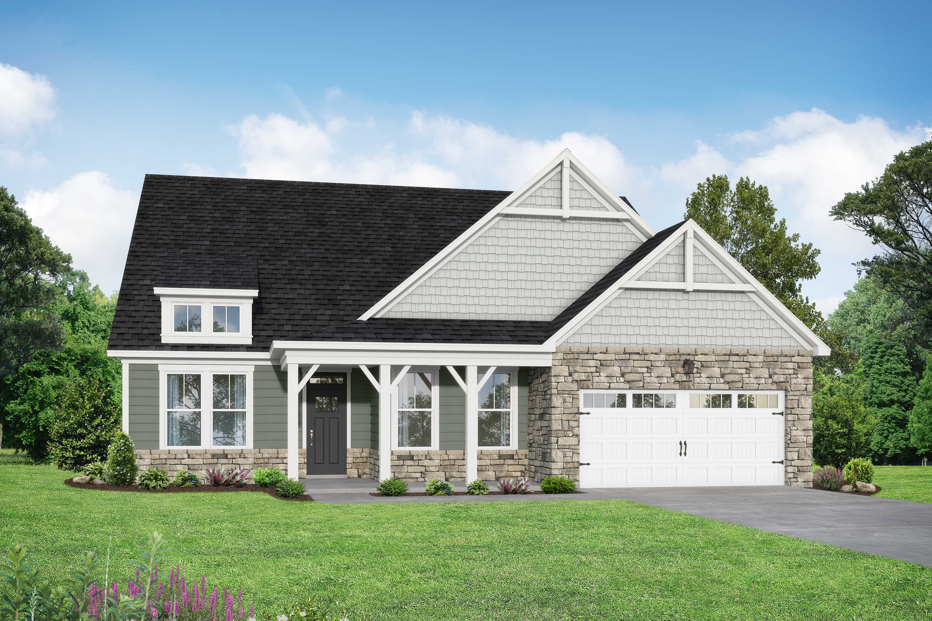 The Magnolia D single-story home elevation with craftsman-style stone accents, gray siding, dark roof, covered porch, and 2-car garage