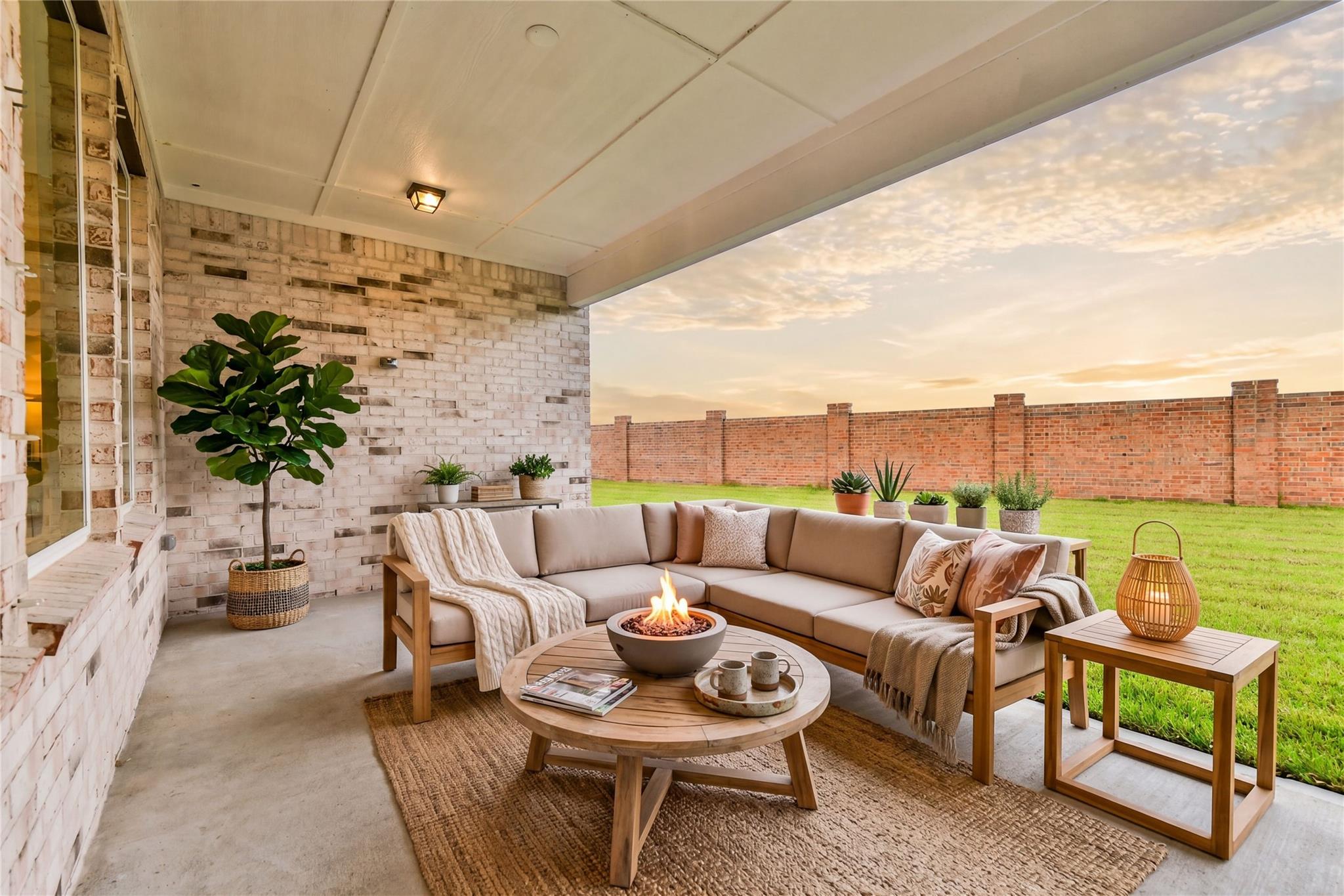 Cozy covered patio with beige L-shaped sofa, fire pit table, potted plants, and lush backyard at sunset in Davidson Homes The Victoria A, Lago Mar, Texas City