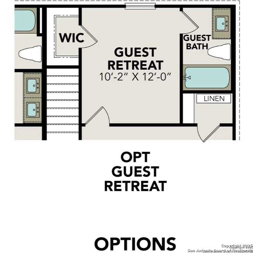 Second-floor floor plan with guest bedroom, bath, walk-in closet, linen storage, and optional guest retreat in Davidson Homes Douglas F, San Antonio