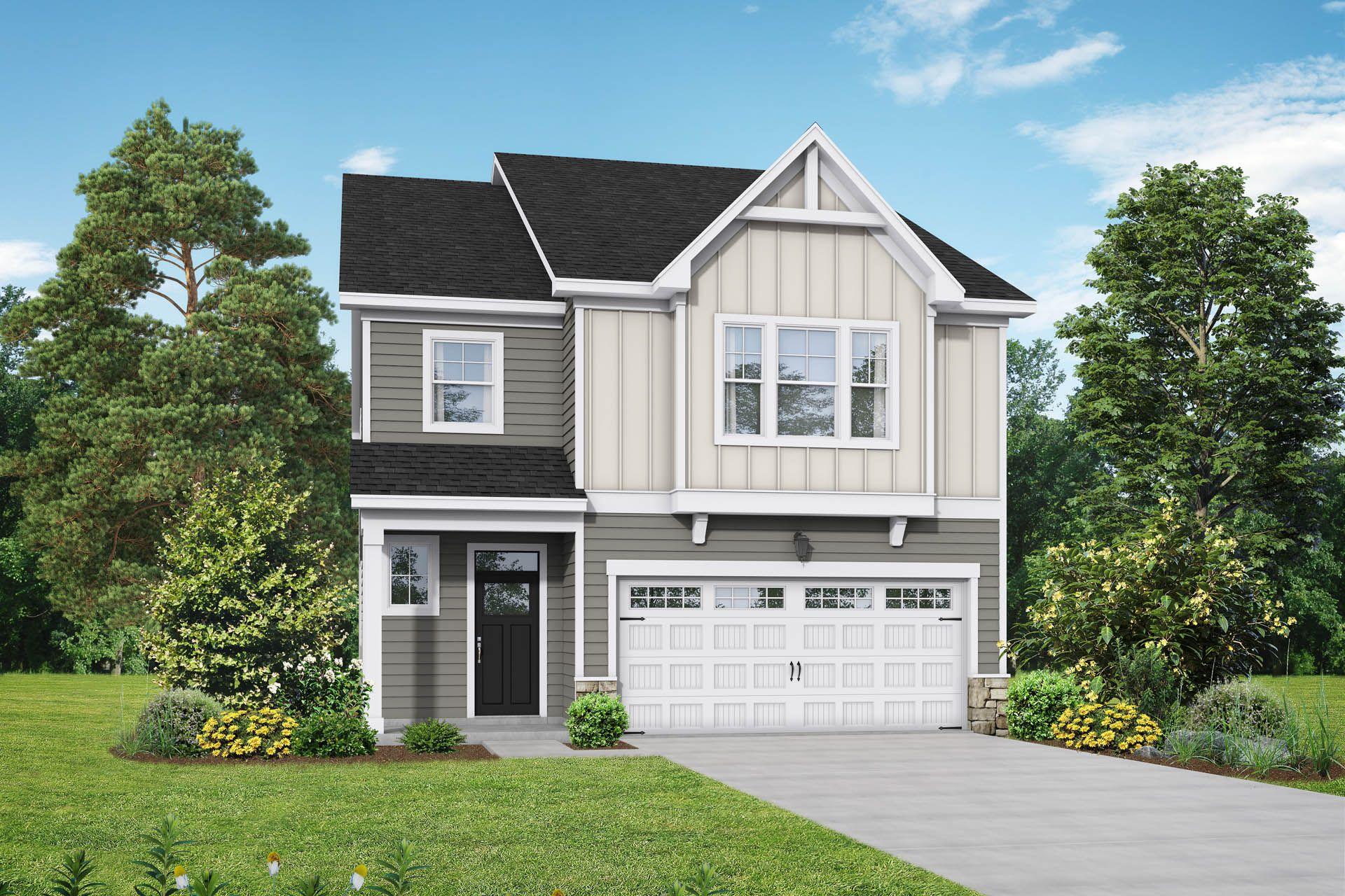 Two-story Adalynn B home elevation by Davidson Homes in Lillington NC, gray siding, black gabled roof, two-car garage, landscaped yard