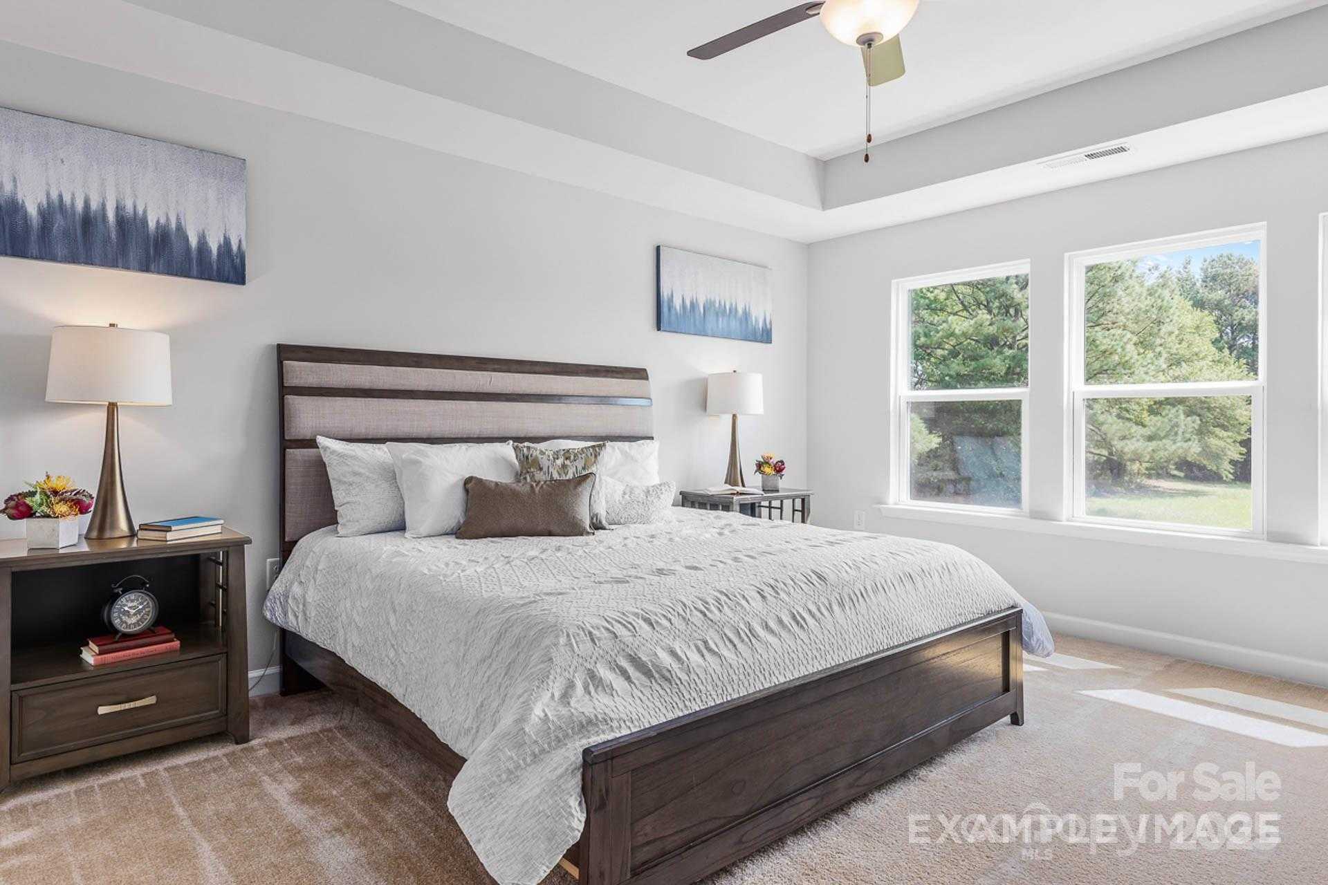 Elegant master bedroom with king bed, tray ceiling, ceiling fan, and large windows in Davidson Homes The Chestnut F, Belmont, NC