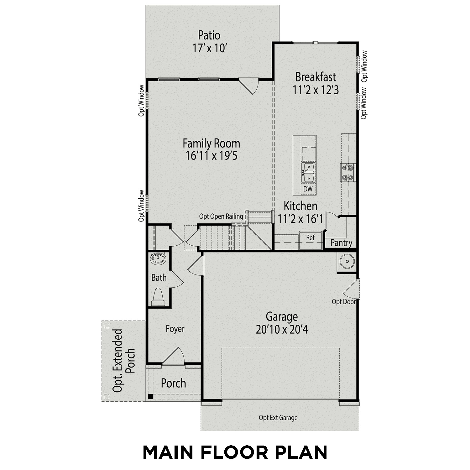 Main floor plan of The Grace A showcasing open kitchen, family room, breakfast area, and two-car garage in Lillington NC
