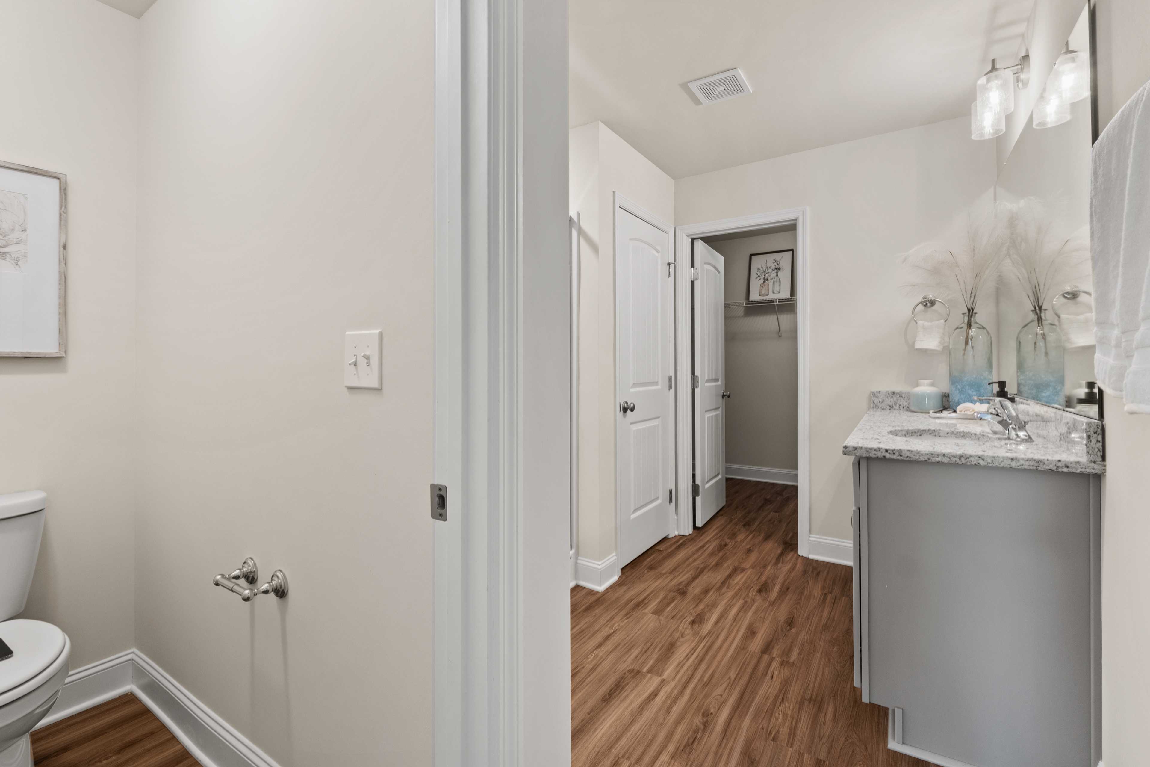 Spacious bathroom at Ramsay Cove in Owens Cross Roads AL with gray vanity, white fixtures, hardwood floors, and decorative accents