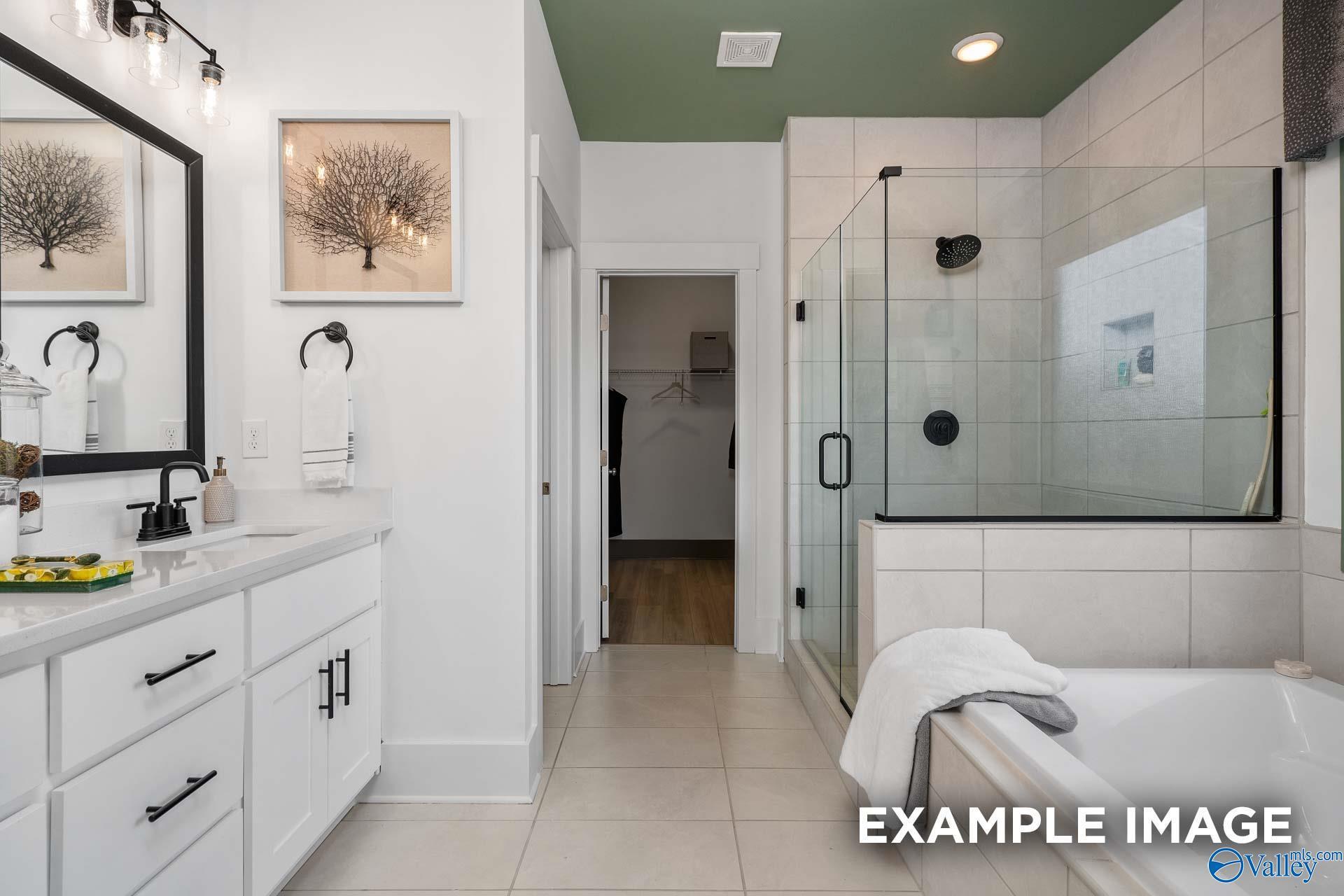 Elegant master bathroom featuring green ceiling, freestanding tub, glass shower, and white vanity in Davidson Homes Rockford B, Madison AL