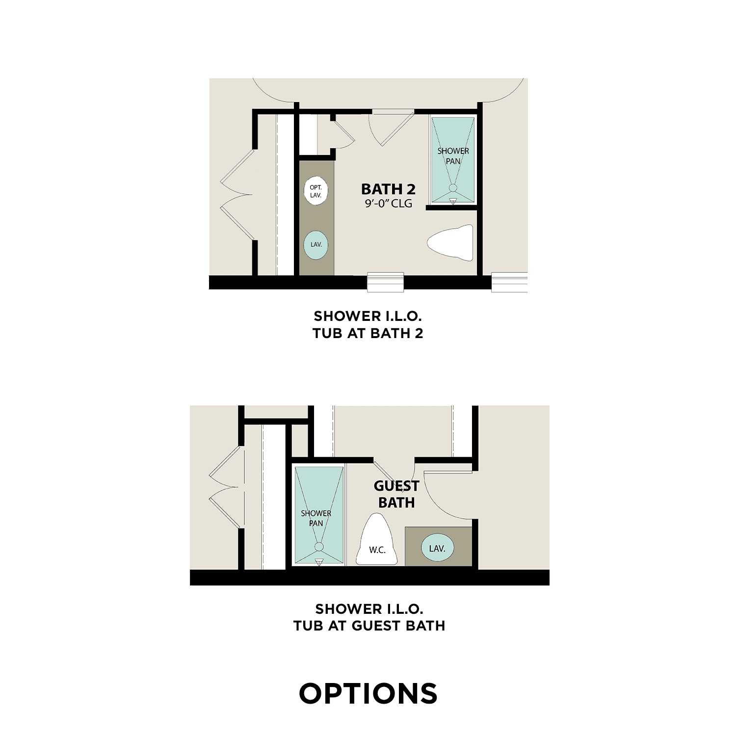 Bathroom layout options for The Elizabeth C home design featuring shower, tub, and vanity configurations in Rosharon, TX