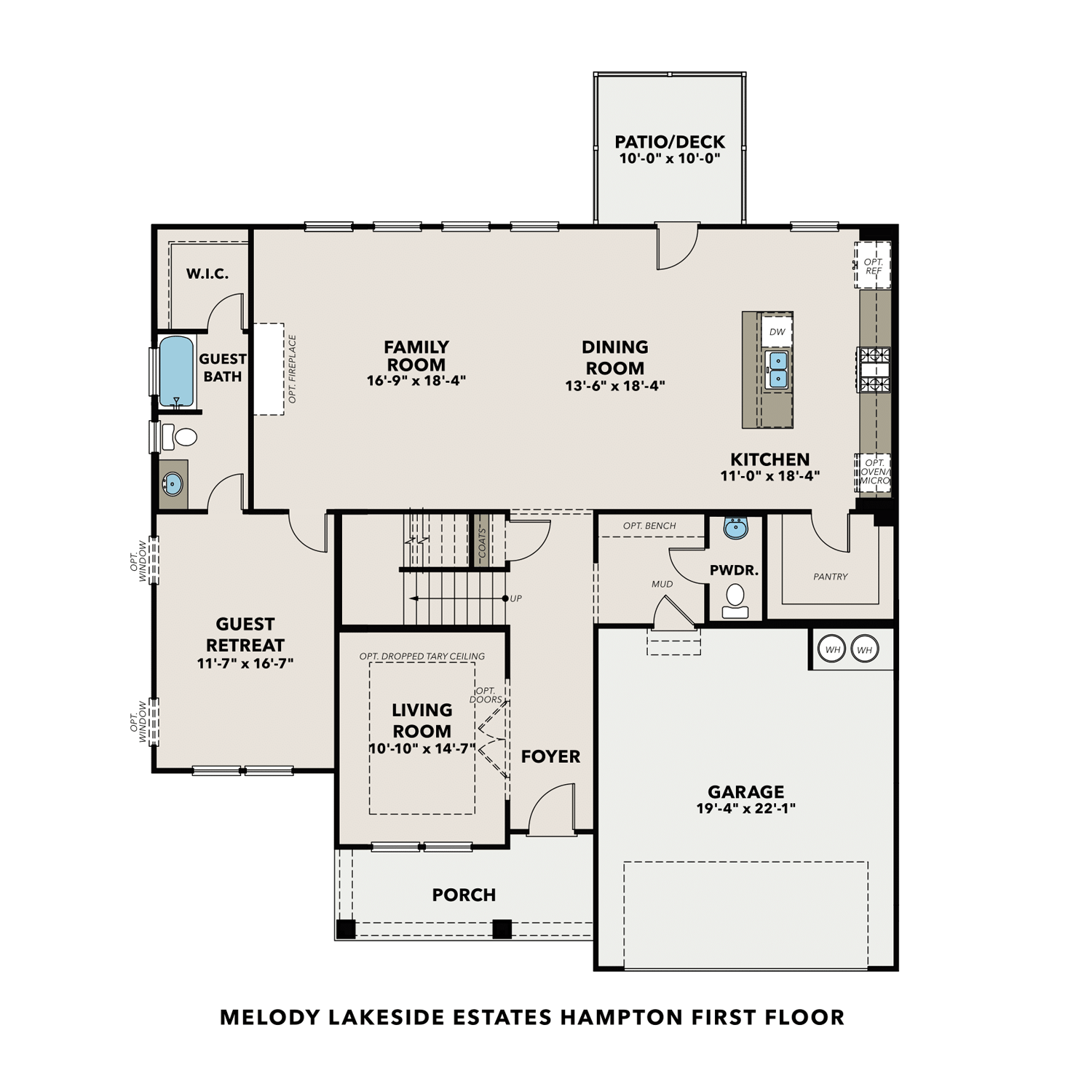 First floor plan of The Hampton in Melody Lakeside Estates: open family room, kitchen, dining, guest suite, 2-car garage, Buford GA