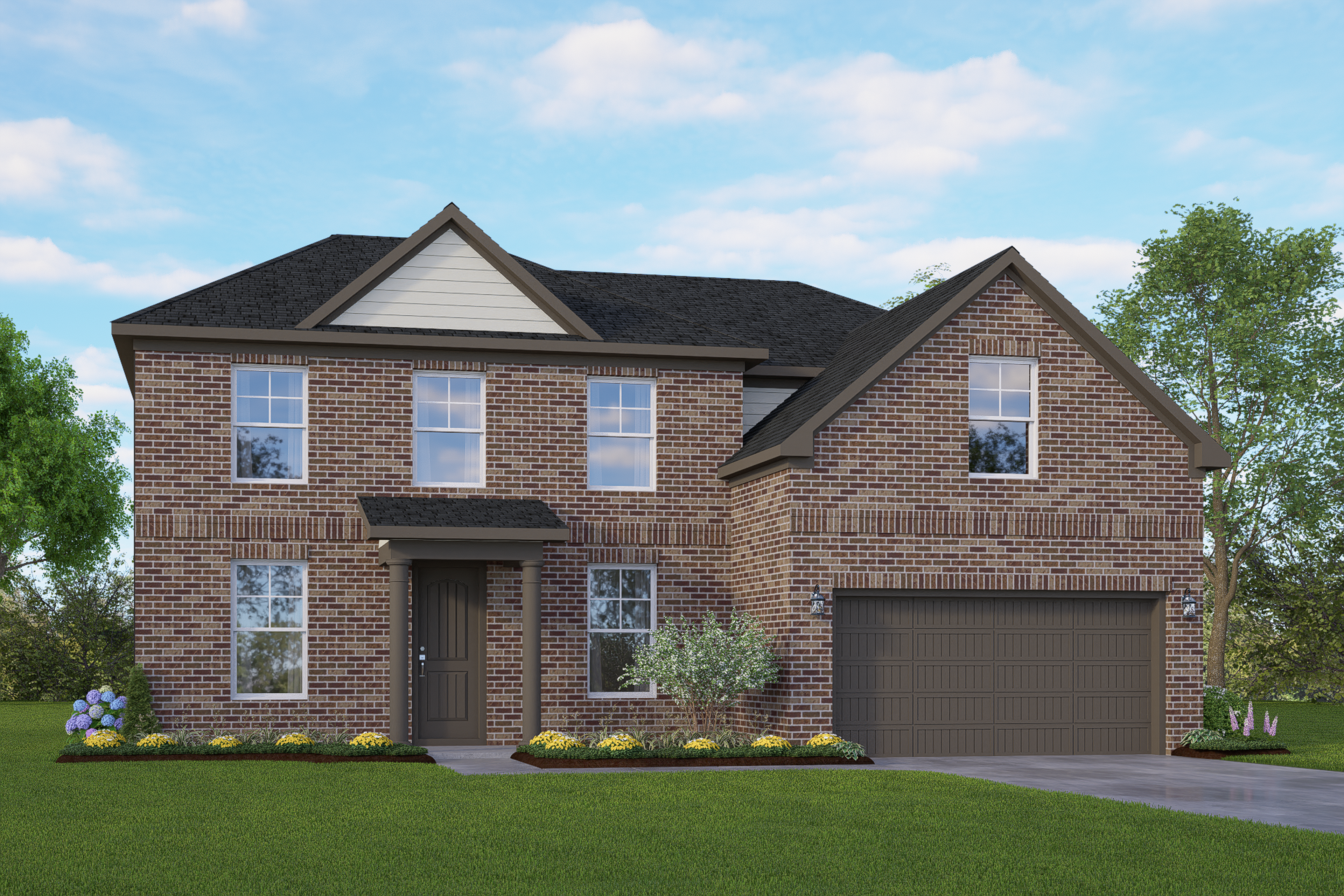 Two-story brick Danbury G home elevation with gabled roof, 2-car garage, front porch, and landscaped yard