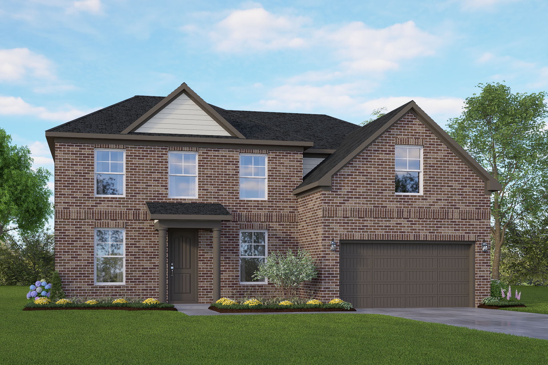 Two-story brick Danbury G home elevation with gabled roof, 2-car garage, front porch, and landscaped yard