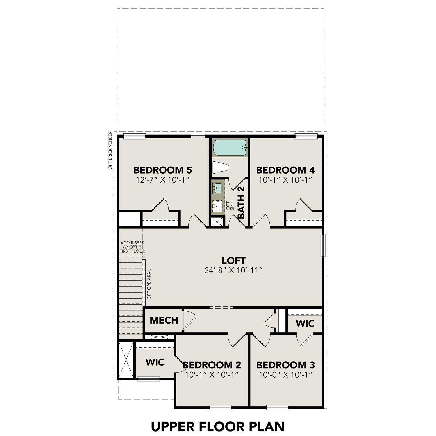 Upper floor plan of The Brazos E 5-bedroom home with loft, 4 bedrooms, 2 baths in The Villages at WestPointe, Dayton, Texas