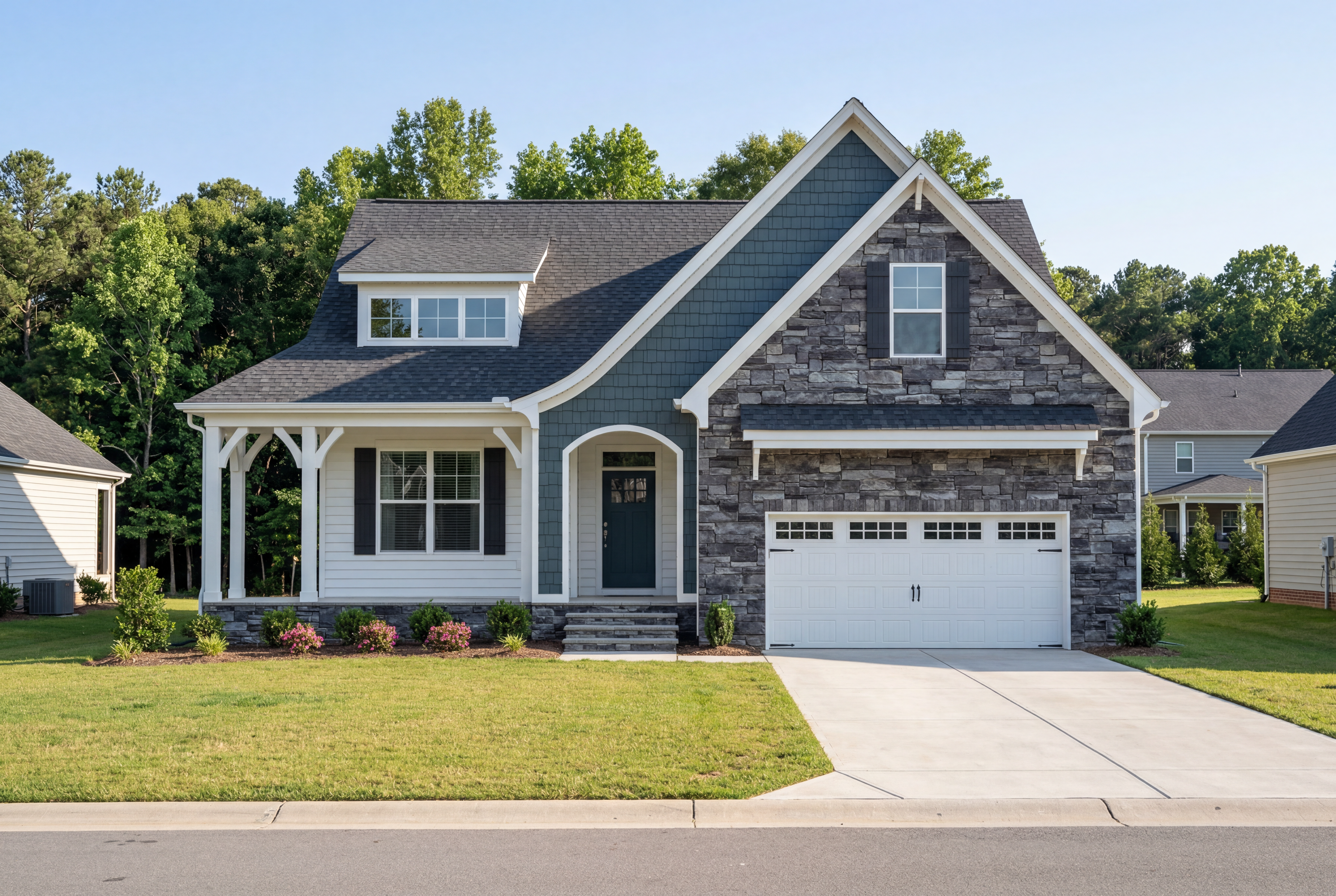 The Cypress D II two-story home elevation with stone and vinyl exterior, front porch, and 2-car garage in Angier NC