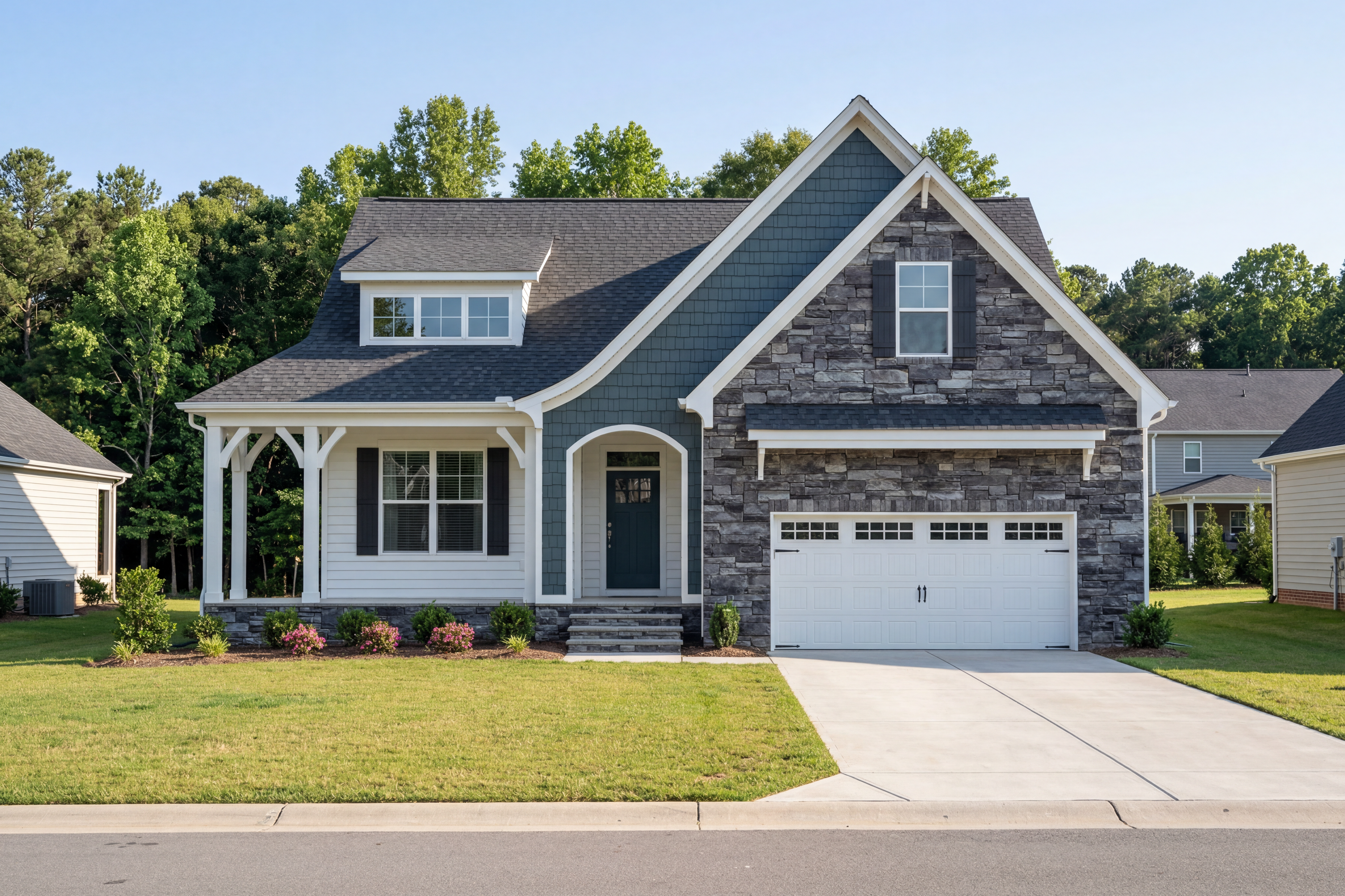 The Cypress D II two-story home elevation with stone and vinyl exterior, front porch, and 2-car garage in Angier NC