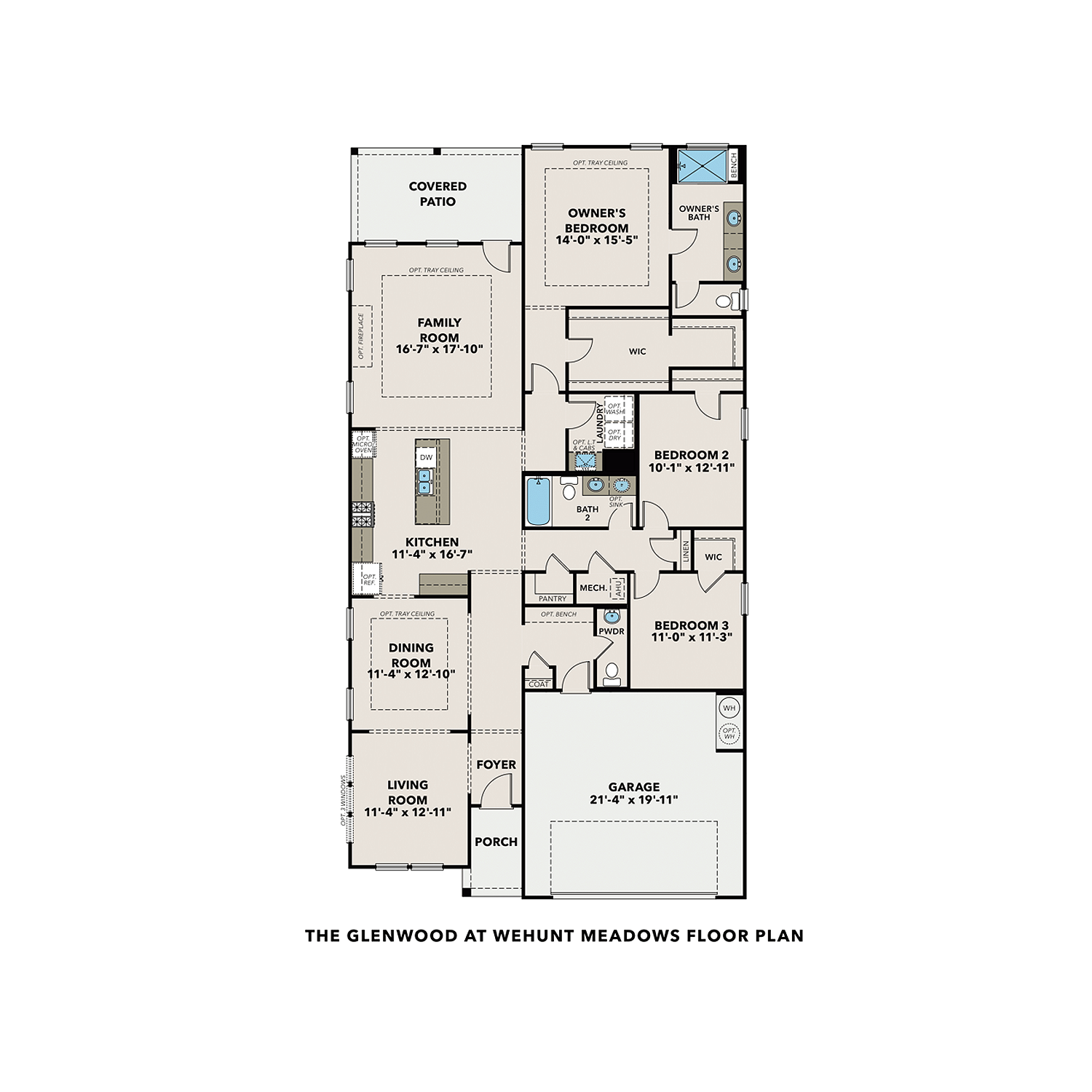 The Glenwood A floor plan at Wehunt Meadows, featuring a 3-bedroom, 2.5-bath, 1-story layout with a 3-car garage.