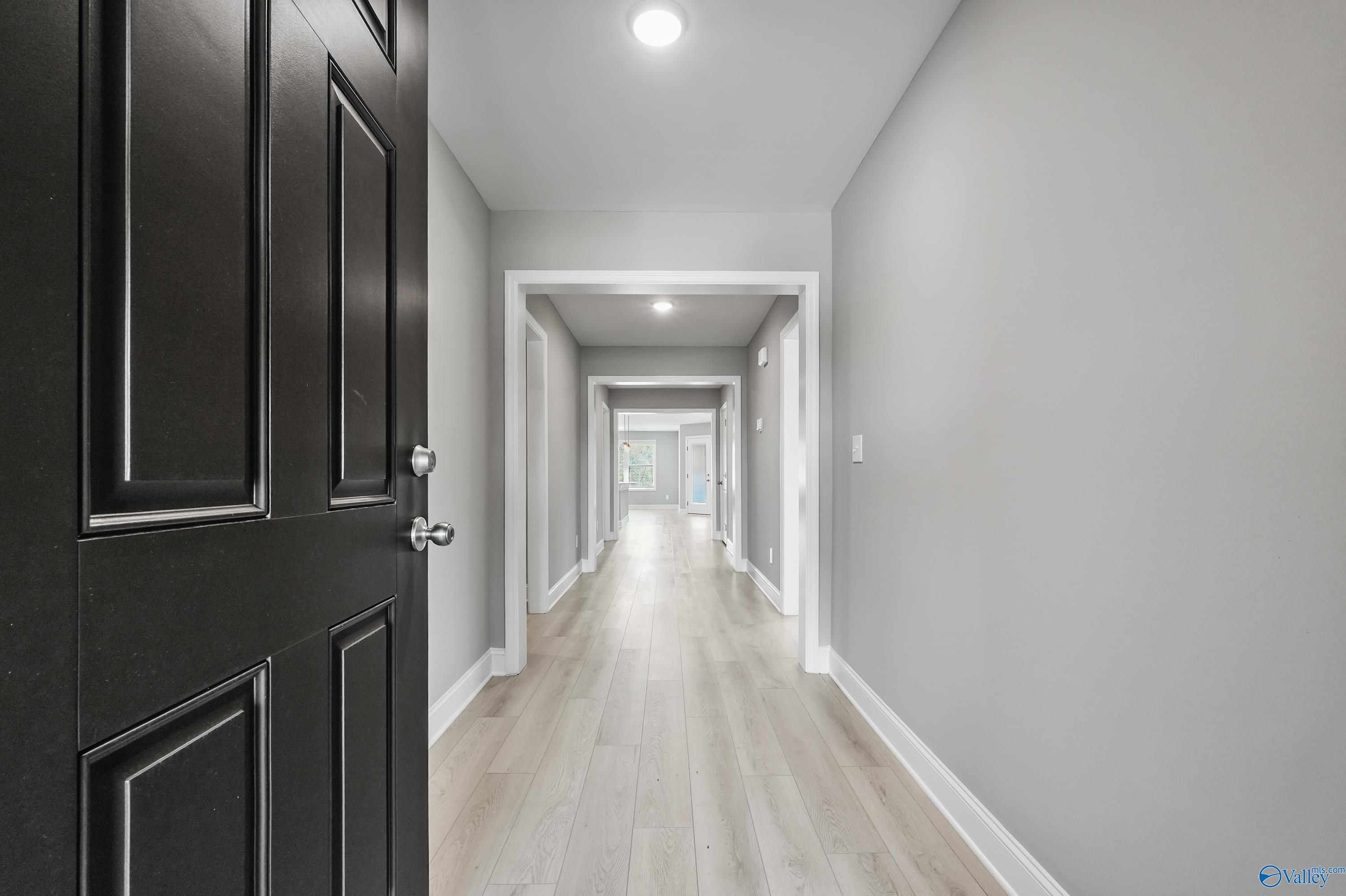 Welcoming entry hallway with light oak floors, gray walls, and open black door in Davidson Homes The Everett B, Athens, Alabama