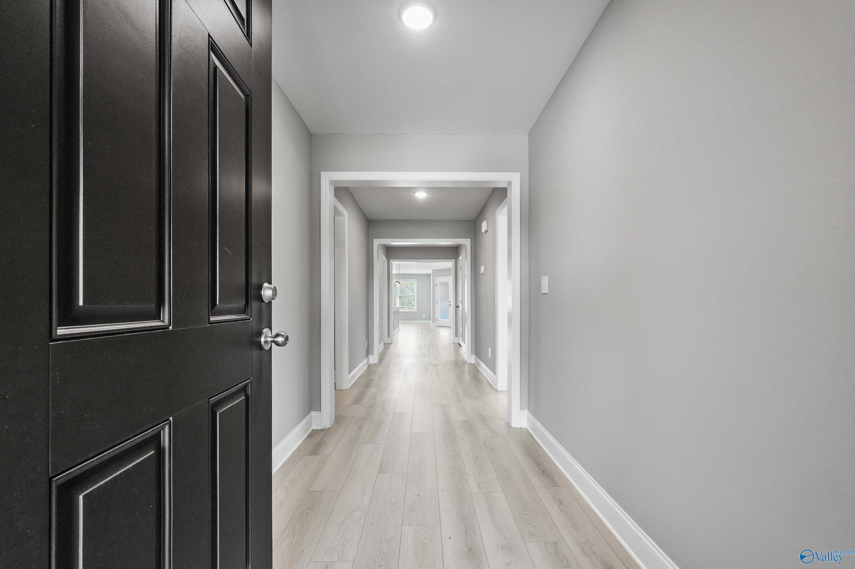 Welcoming entry hallway with light oak floors, gray walls, and open black door in Davidson Homes The Everett B, Athens, Alabama