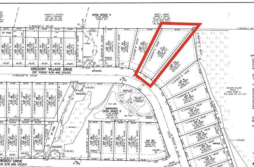 Highlighted Preston A lot in Gregory Village, Lillington, NC subdivision map with open spaces, roads, and adjacent lots for 4-bed Davidson Homes
