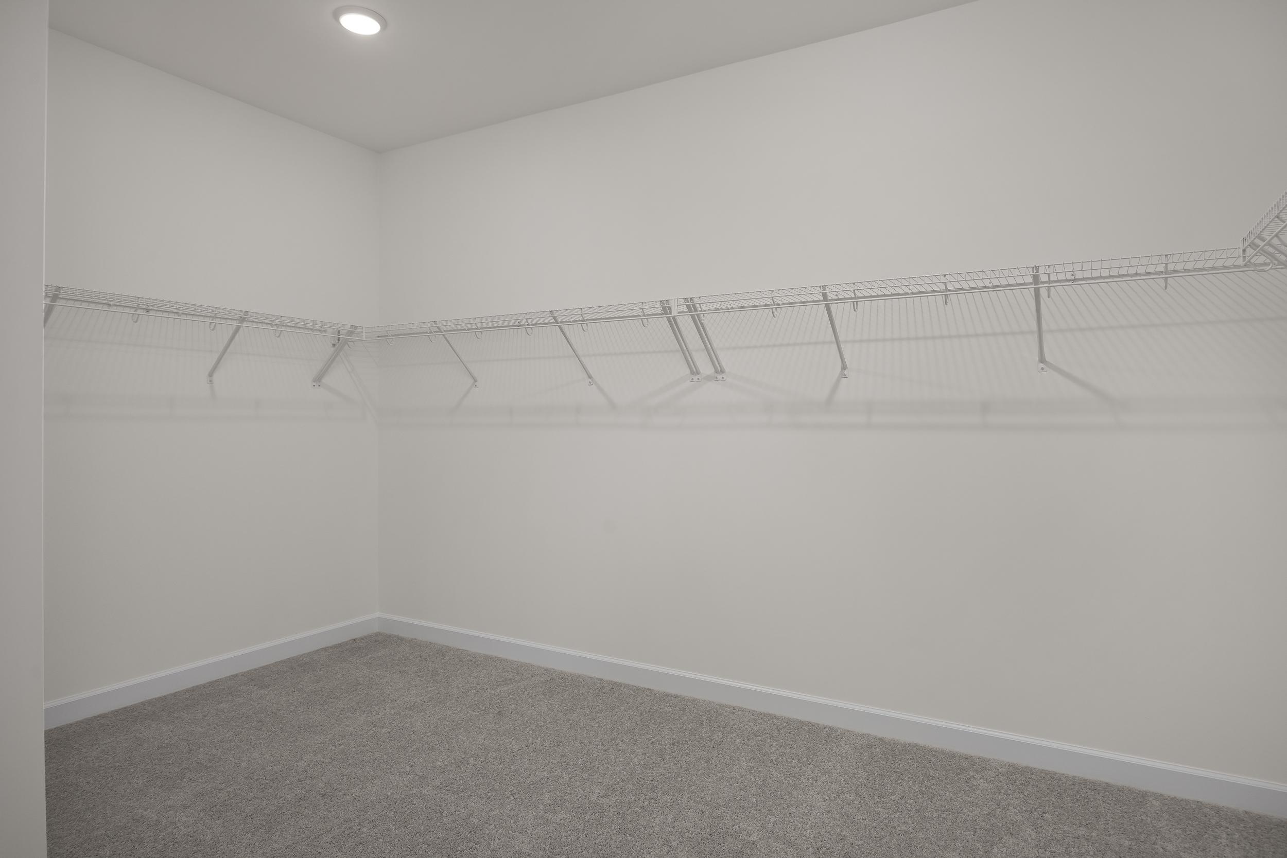 Spacious walk-in closet in The Beech A master suite featuring wire shelving, white walls, and gray carpet