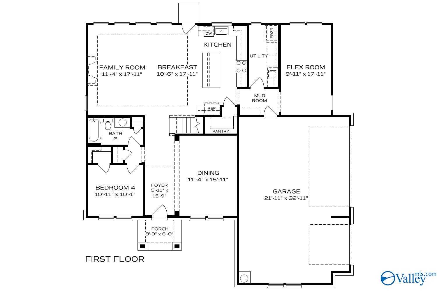 First floor plan of The Charm 4-bedroom home with open kitchen, family room, dining, 3-car garage in Riverton Preserve, Huntsville, Alabama