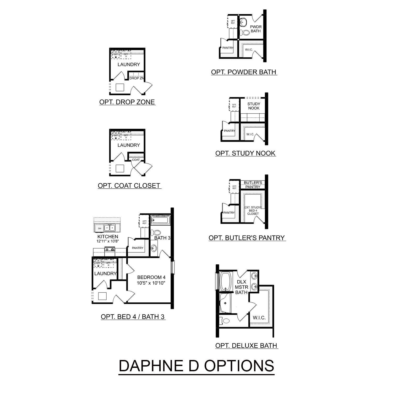 The Daphne D floor plan layout with 4 bedrooms, master suite, kitchen, laundry, optional study nook, butler's pantry, and deluxe bath