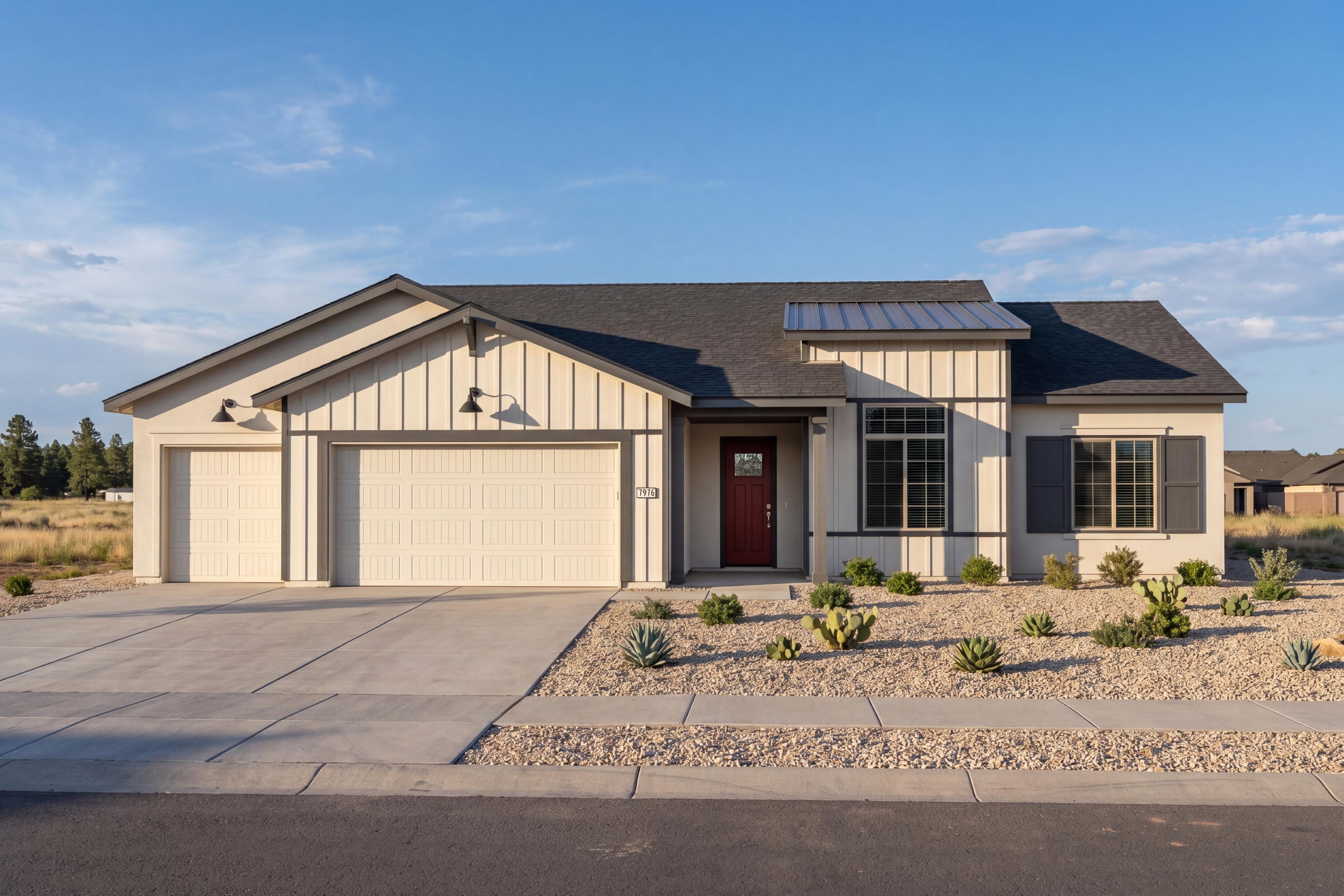 Modern farmhouse exterior of The Aurea in Prescott, Arizona, featuring a 3-car garage and desert landscaping.