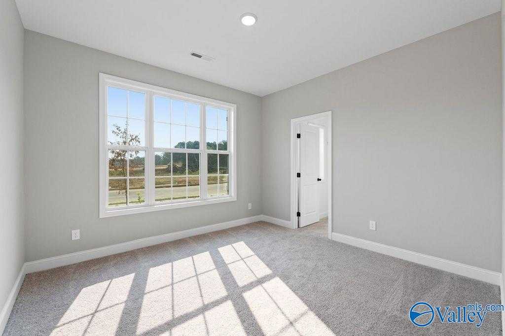 Sunlit secondary bedroom with gray walls, large window to scenic outdoors, and plush carpet in The Montgomery B, Hartselle, AL