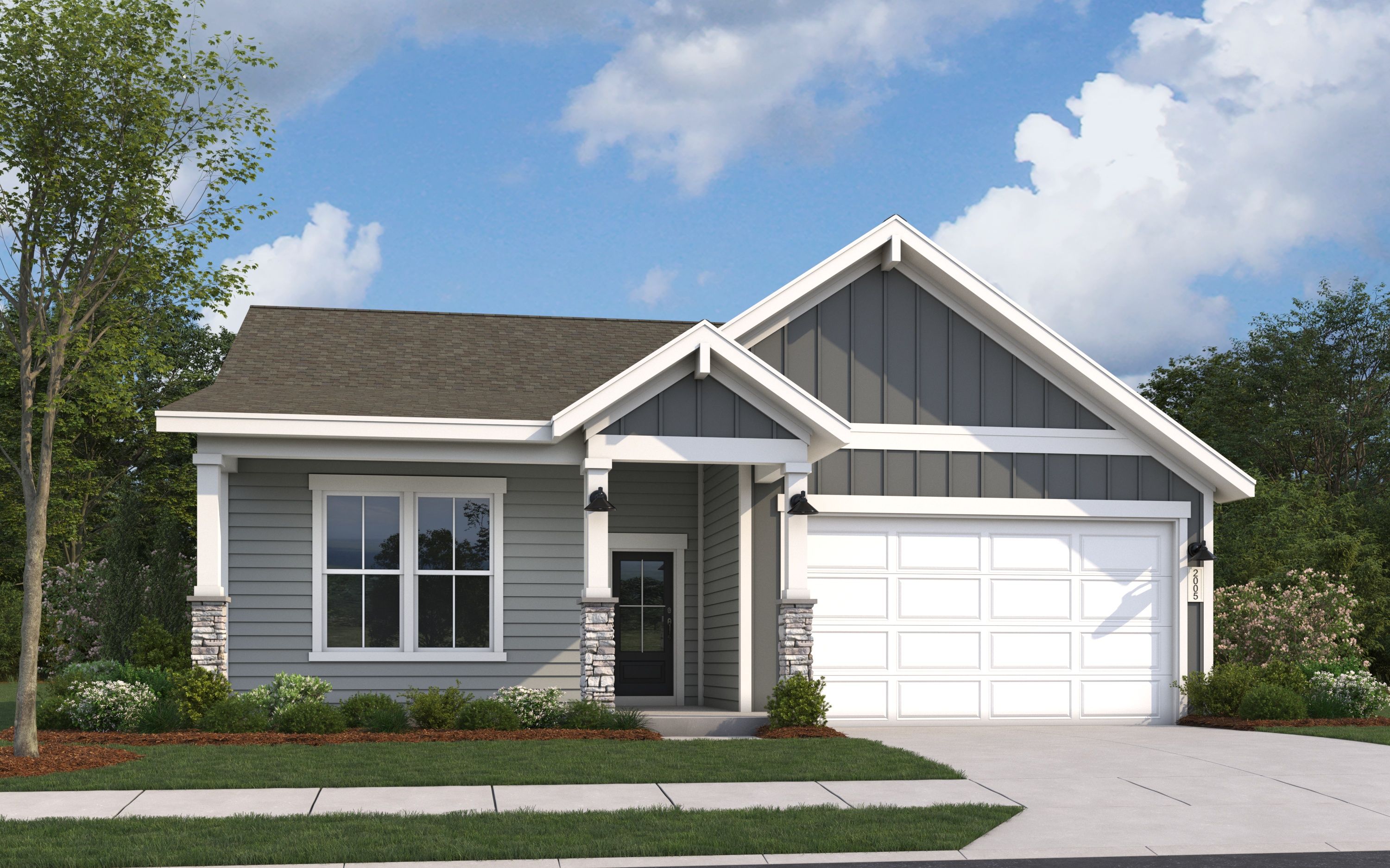 Modern single-story exterior of The Luna D featuring gray siding, brick accents, gabled roof, covered porch, and 2-car garage
