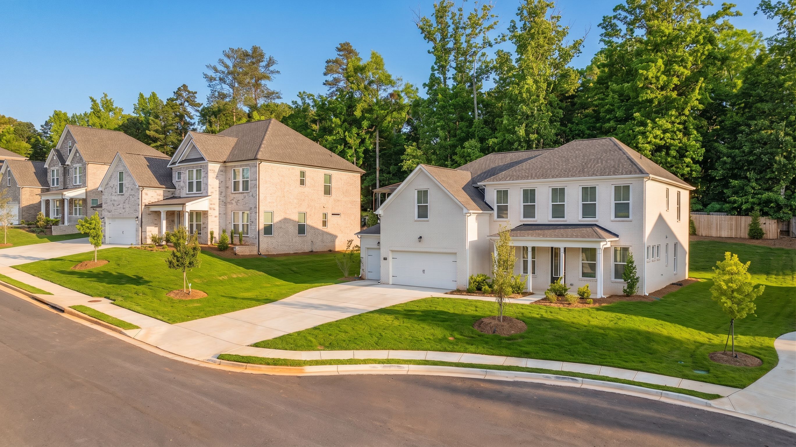 New construction brick homes by Davidson Homes at Melody Lakeside Estates in Buford, Georgia with landscaped lawns.