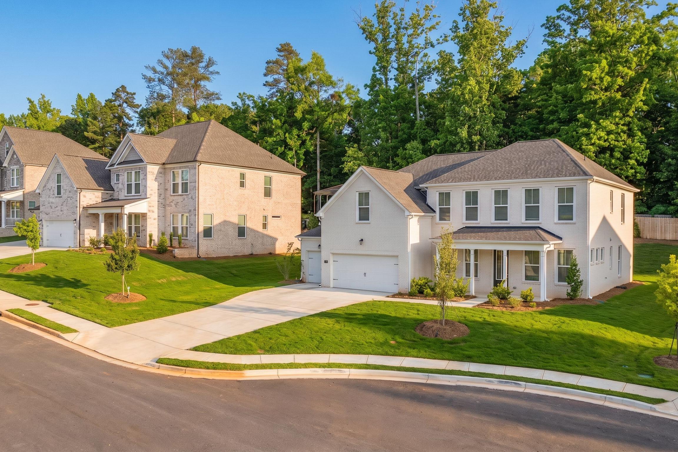 New construction brick homes by Davidson Homes at Melody Lakeside Estates in Buford, Georgia with landscaped lawns.