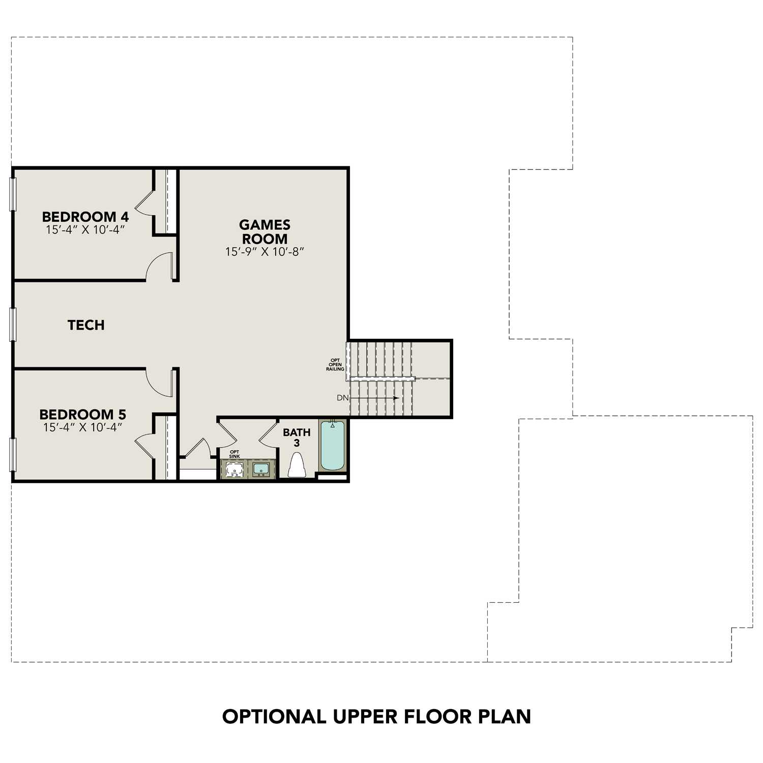 Second floor layout of The Foster G featuring two bedrooms, game room, tech space, shared bath, and stairs