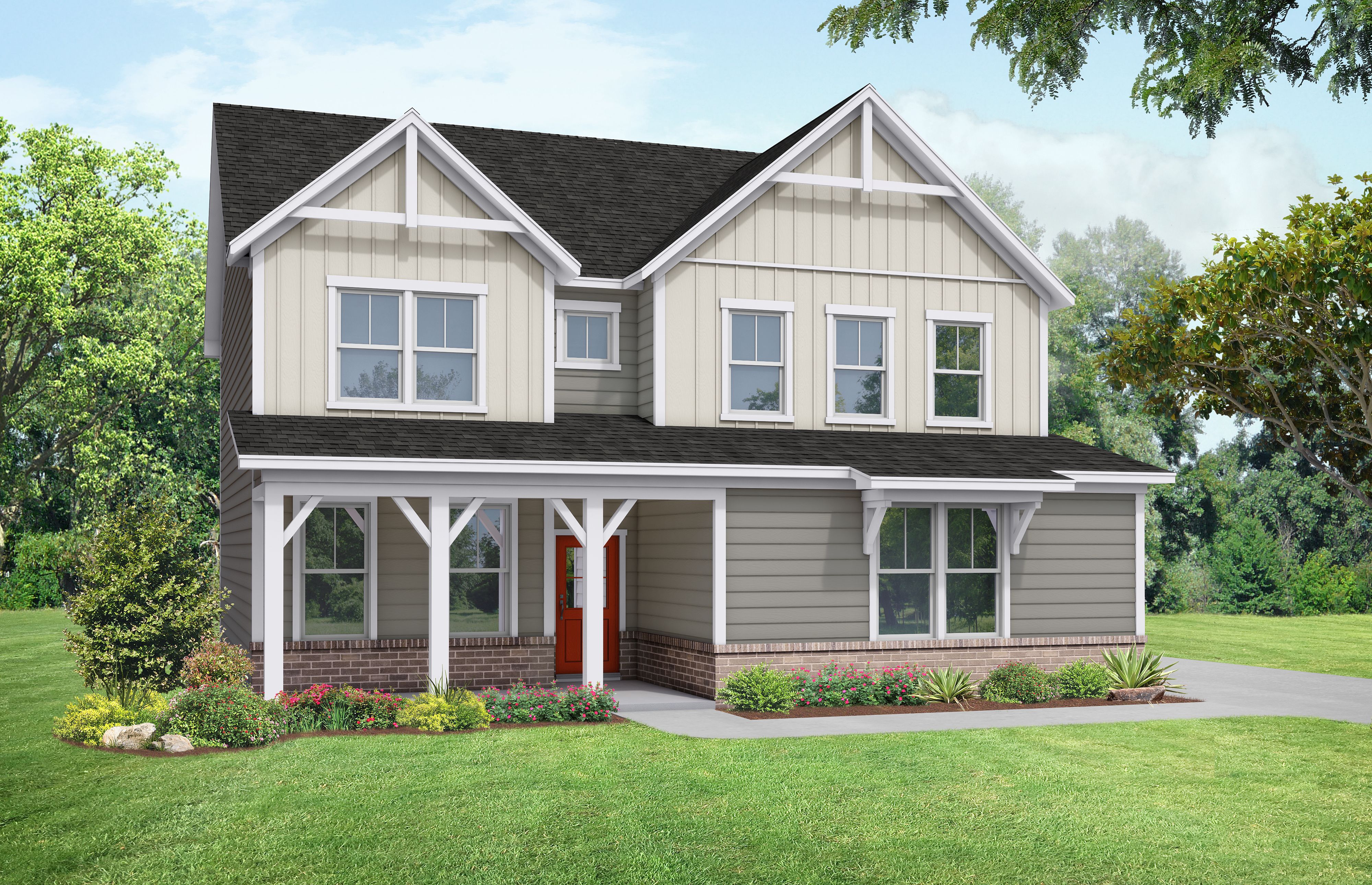 Two-story exterior elevation of The Willow B Side-Entry home by Davidson Homes featuring a covered porch and brick accents.