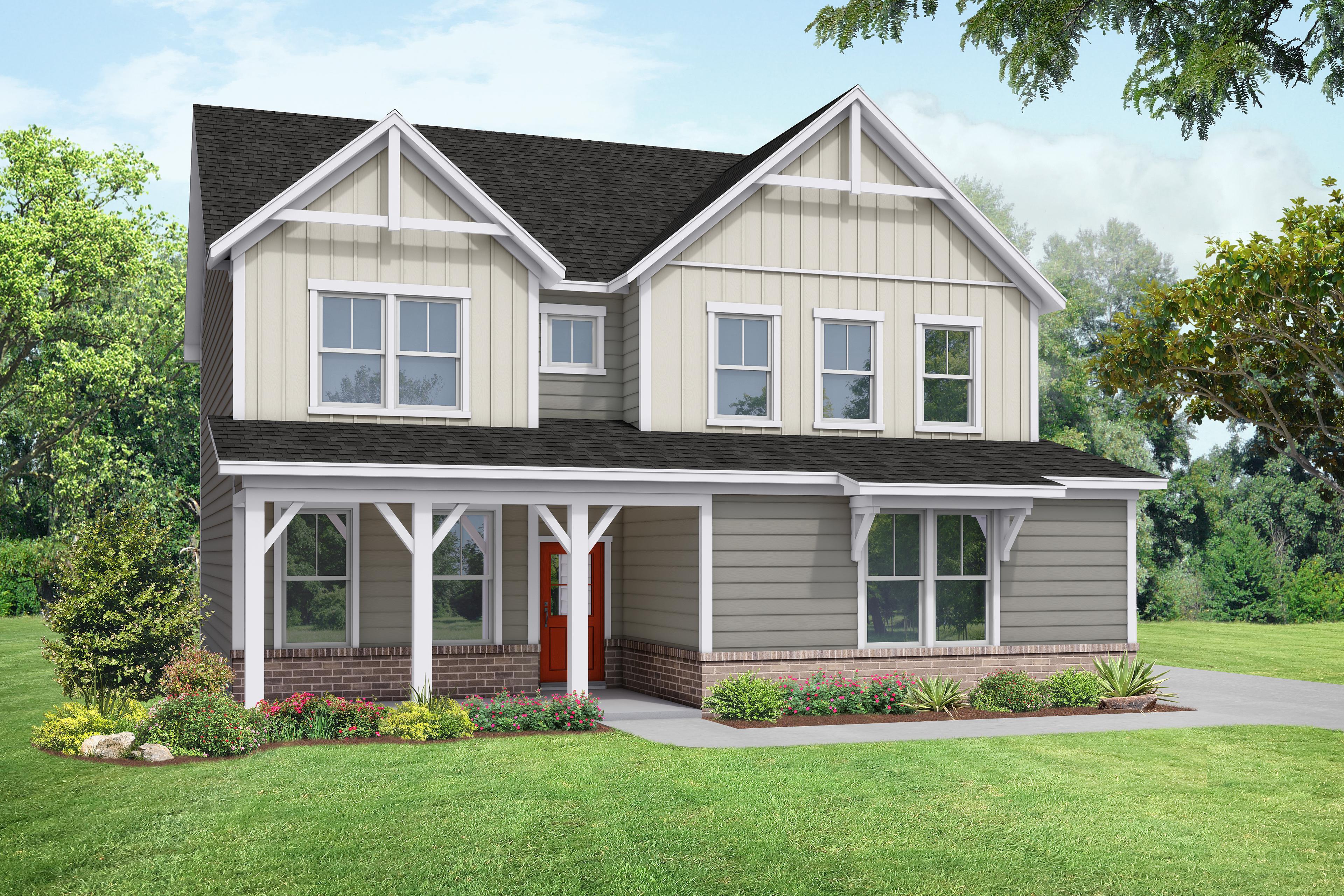 Two-story exterior elevation of The Willow B Side-Entry home by Davidson Homes featuring a covered porch and brick accents.