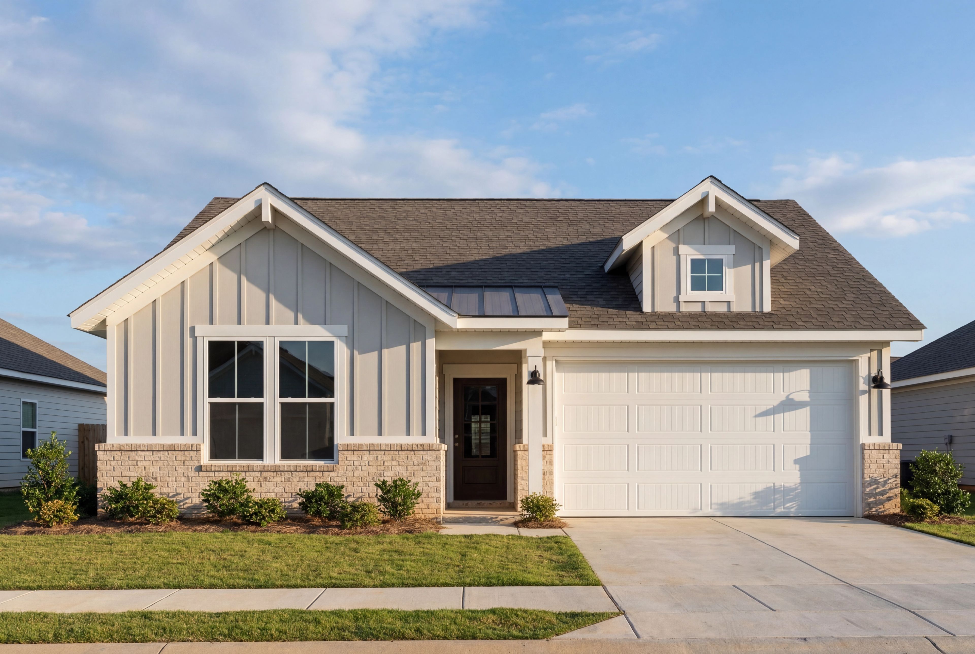 Modern single-story elevation of The Phoenix D home with board and batten siding, gabled roof, two-car garage, and landscaped yard in Opelika
