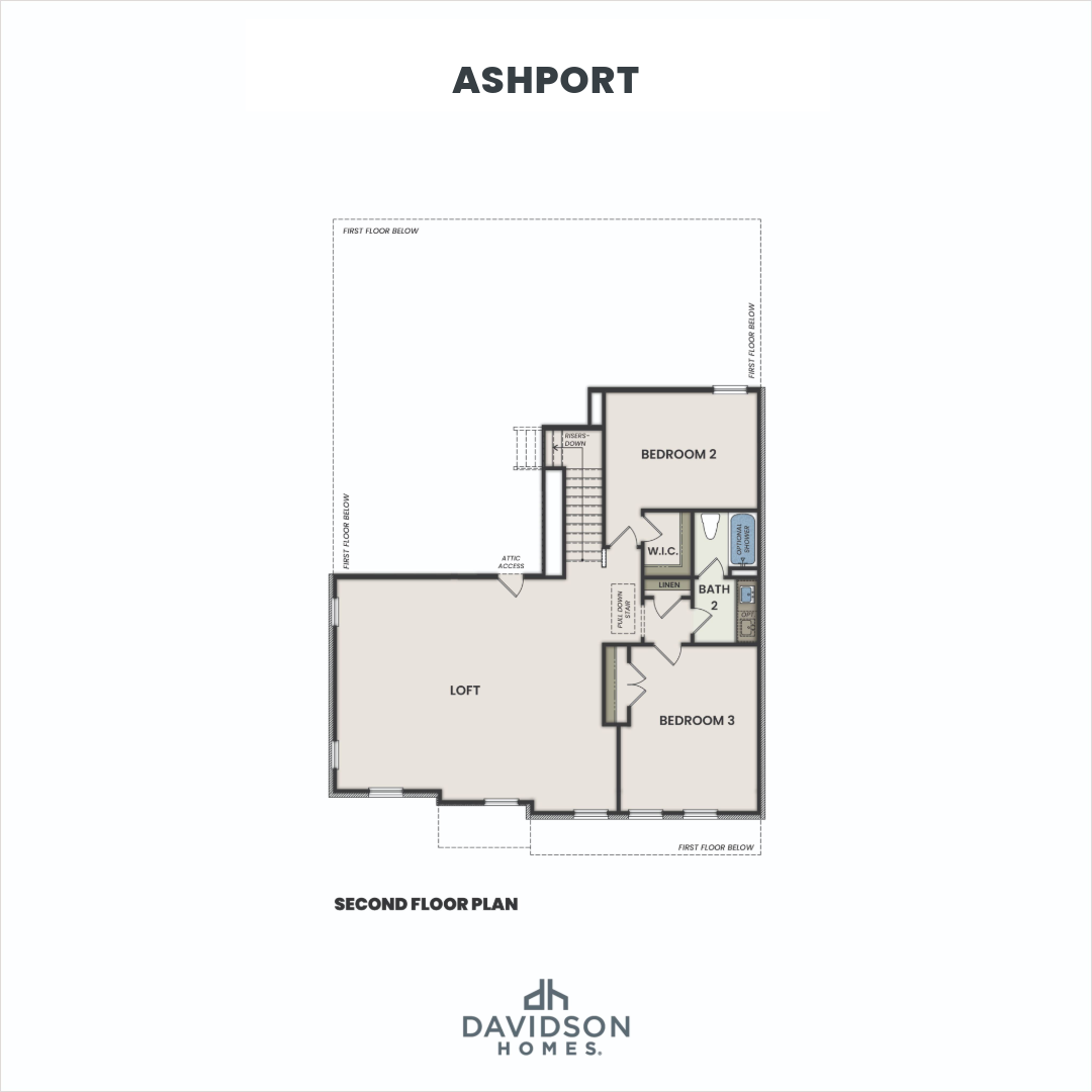 Second floor plan of Ashport home featuring loft, bedrooms 2 and 3, full baths, and open layout by Davidson Homes