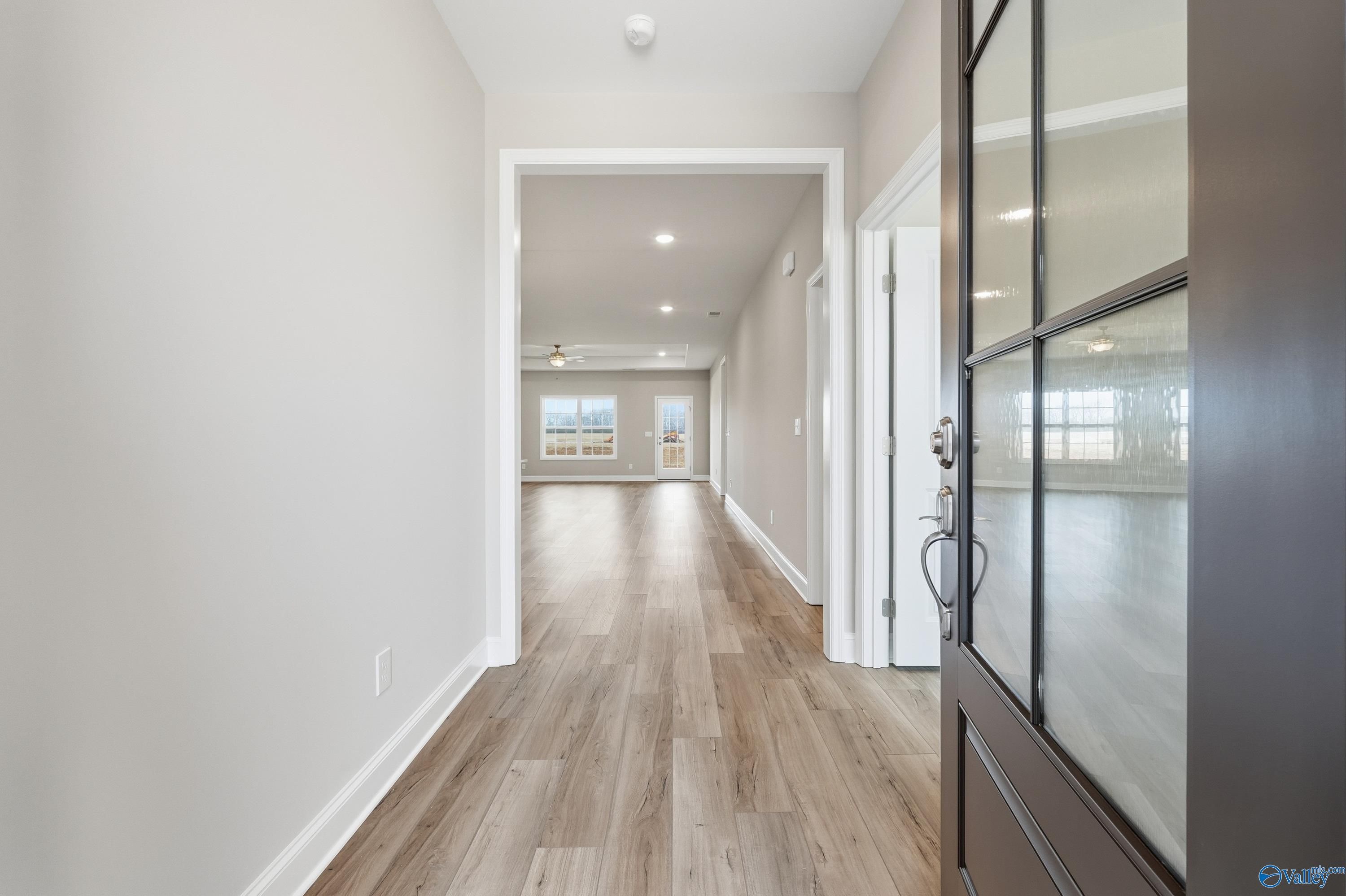 Spacious entry hallway with light gray walls, luxury vinyl plank floors, and glass-paneled front door in The Lanier 4-bedroom home, Meridianville AL