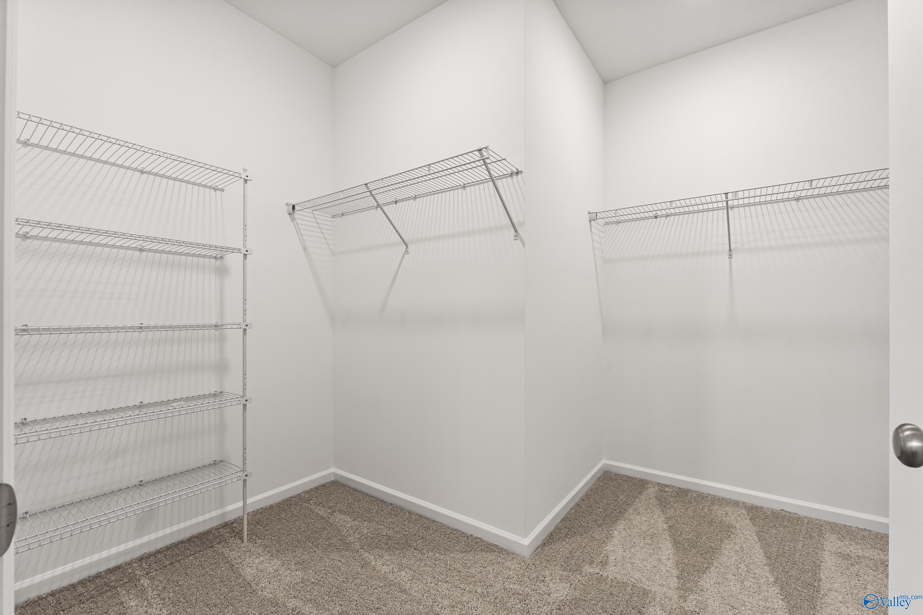 Spacious walk-in closet with white wire shelving and carpeted floor in Davidson Homes The Phoenix, Fayetteville, TN