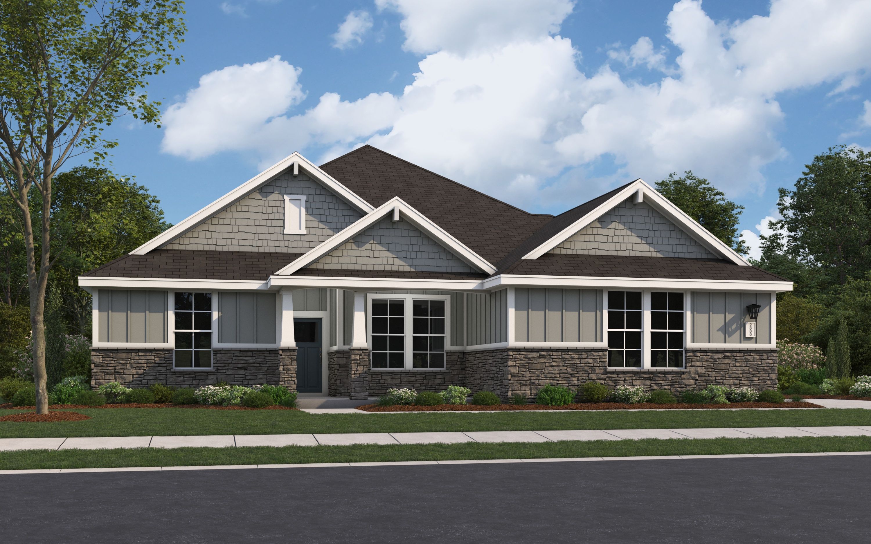 Single-story Arcadia B home elevation with gray siding, stone accents, dark roof, and 3-car garage in Owens Cross Roads
