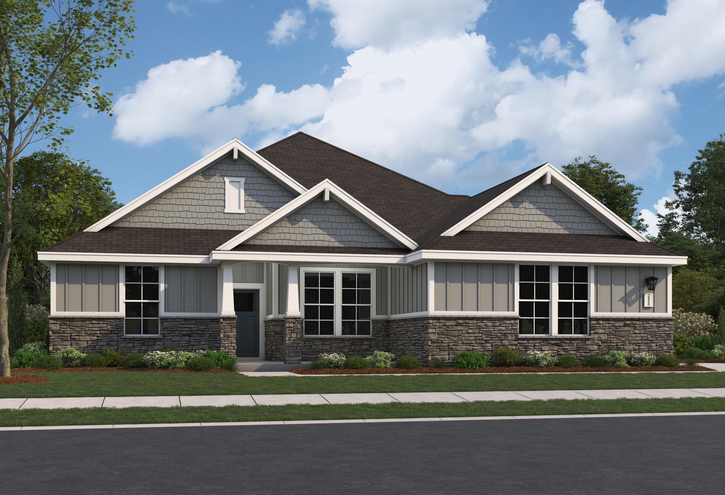 Single-story Arcadia B home elevation with gray siding, stone accents, dark roof, and 3-car garage in Owens Cross Roads