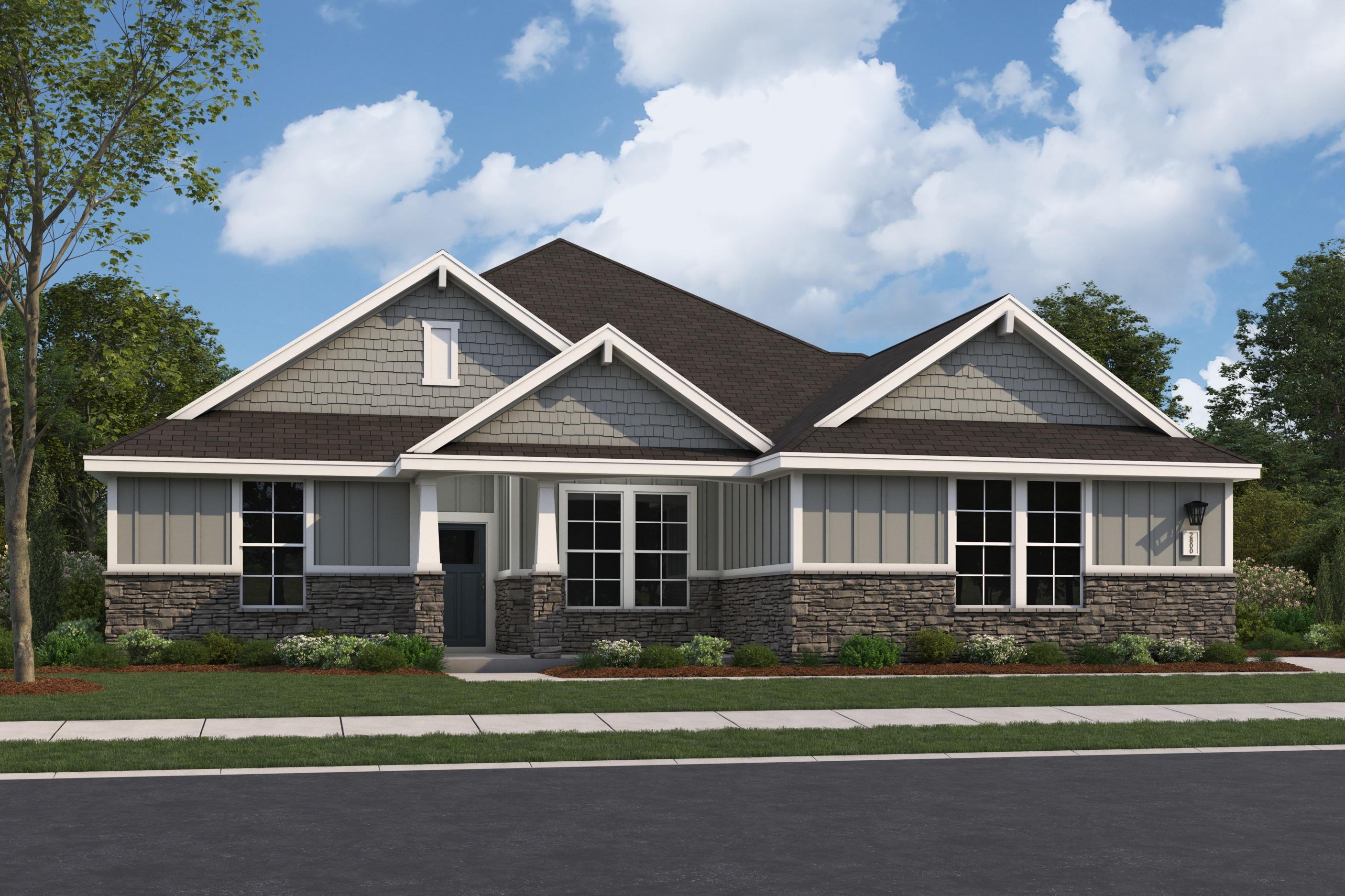 Single-story Arcadia B home elevation with gray siding, stone accents, dark roof, and 3-car garage in Owens Cross Roads