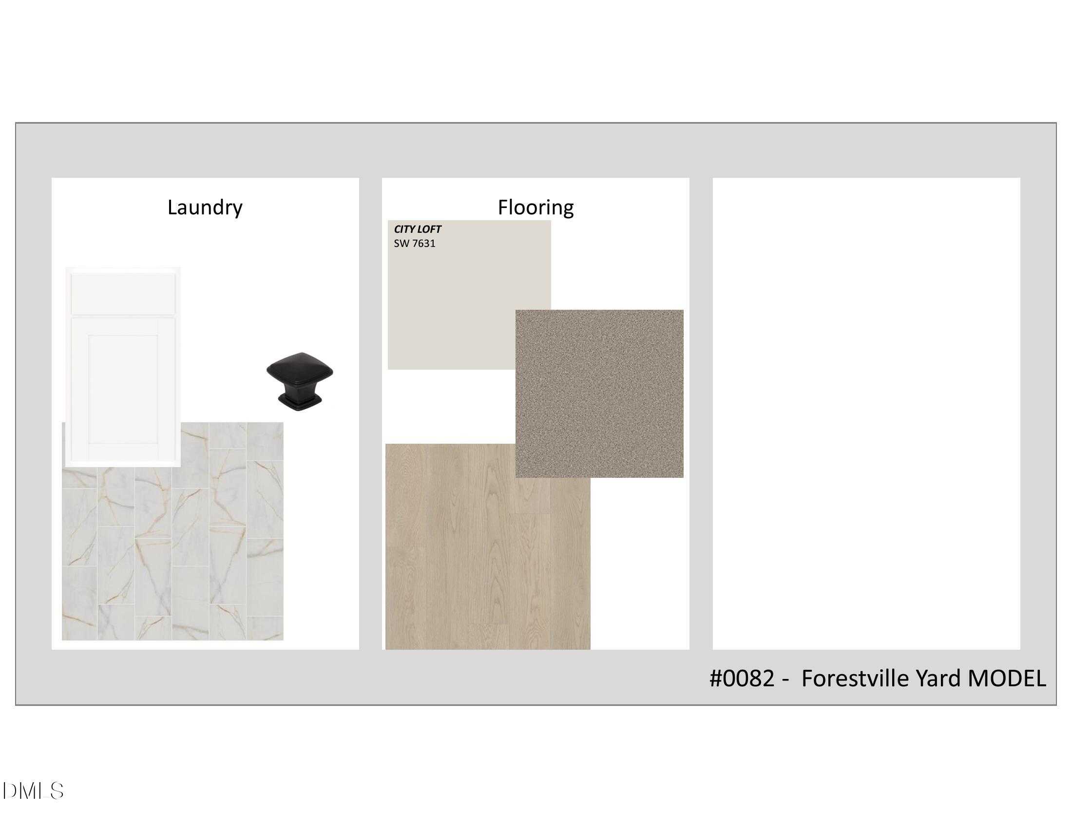 Design board with laundry cabinet sample, City Loft gray paint swatch, and flooring options for The Alexander B in Forestville Yard, Knightdale, NC