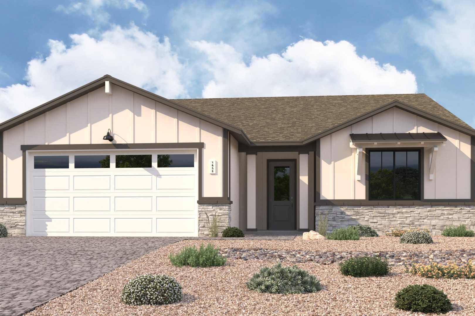 Modern single-story elevation of The Durango II G with beige siding, stone base, 3-car garage, and desert landscaping in Prescott Arizona