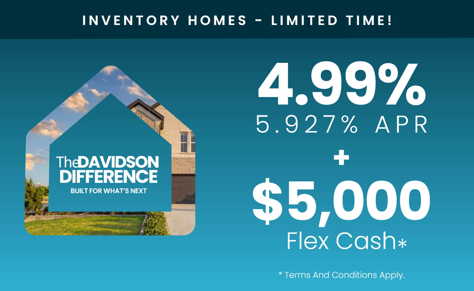 Dallas homebuilder promotion featuring 4.99% fixed rate and $5K flex cash on new construction homes.