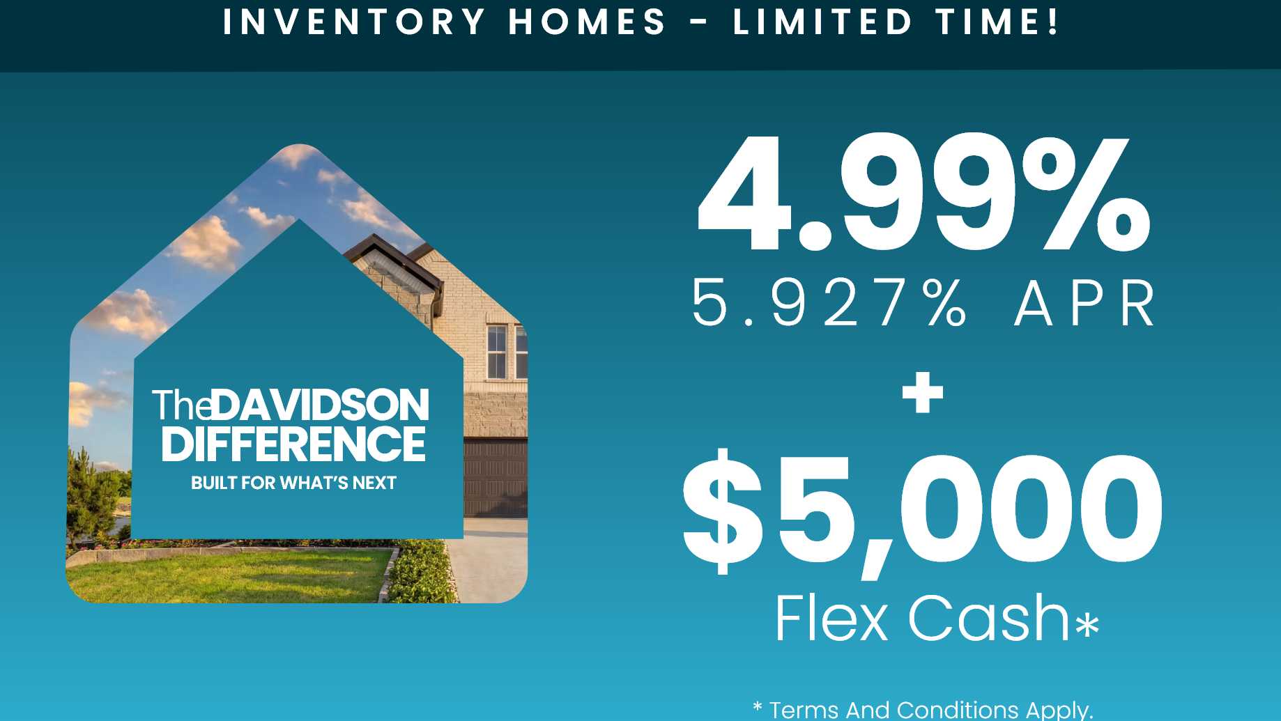 Dallas homebuilder promotion featuring 4.99% fixed rate and $5K flex cash on new construction homes.