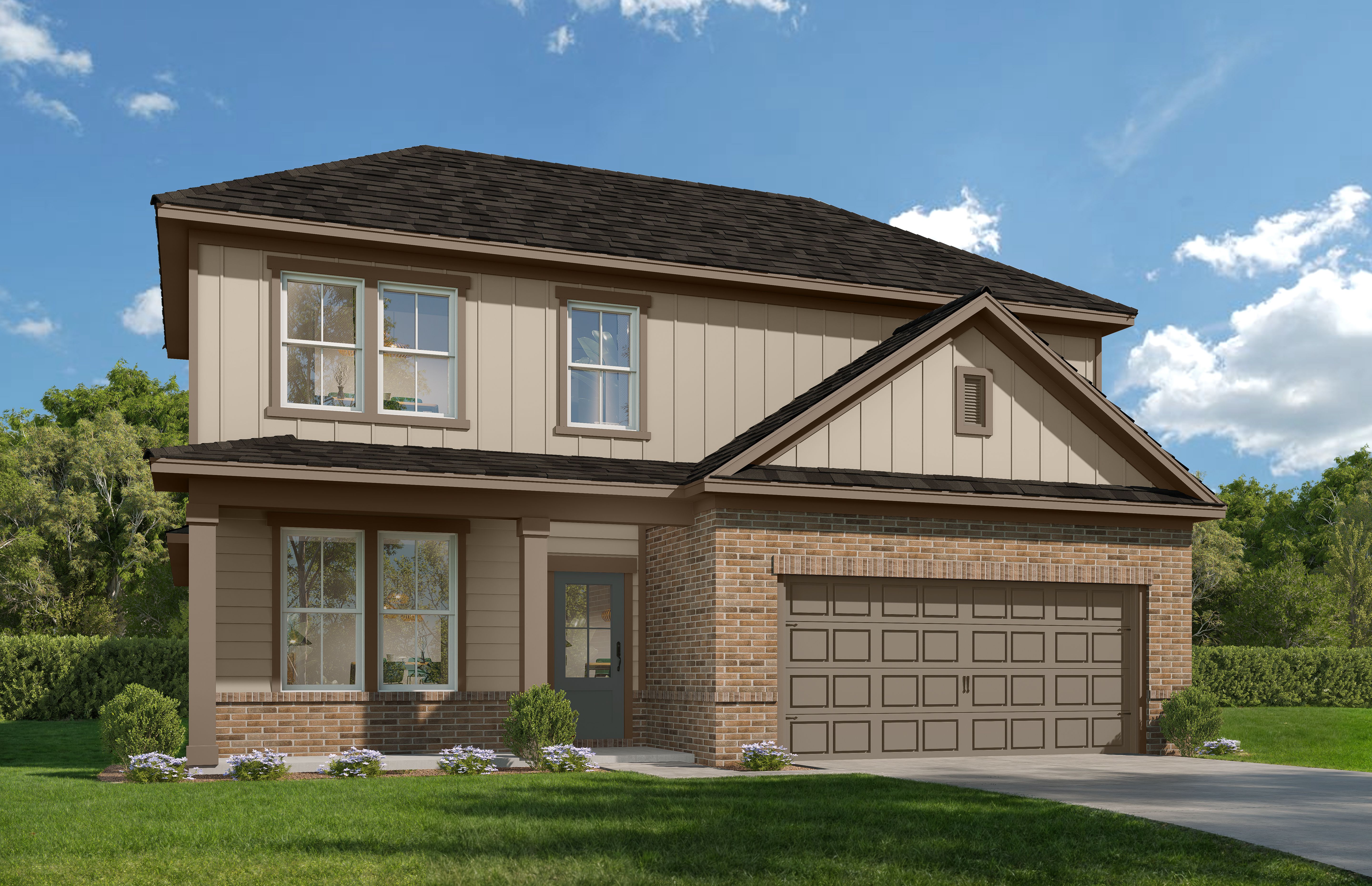 Ashport F 2-story home elevation with brick and composition exterior, 2-car garage, front porch, and lush landscaping in San Antonio