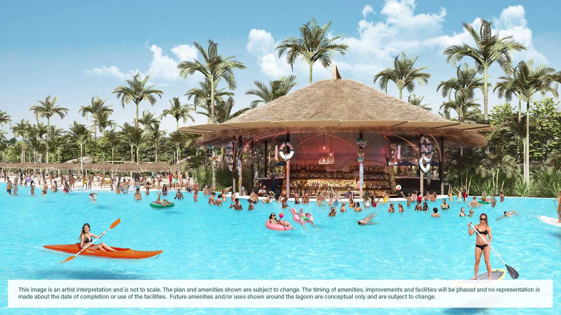 Vibrant resort-style pool with palm trees, tiki bar, swimmers, kayaks in River Ranch Meadows, Dayton, Texas amenities